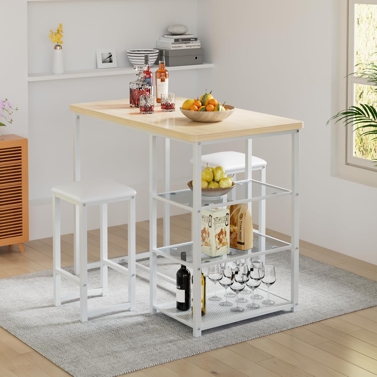 VECELO Small Bar Table and Chairs Set for 2