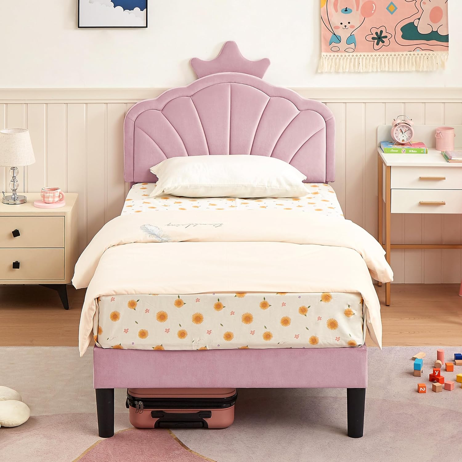 VECELO Twin Size Bed Frame Upholstered with Headboard, Strong Platform with Crown for Kids Girls
