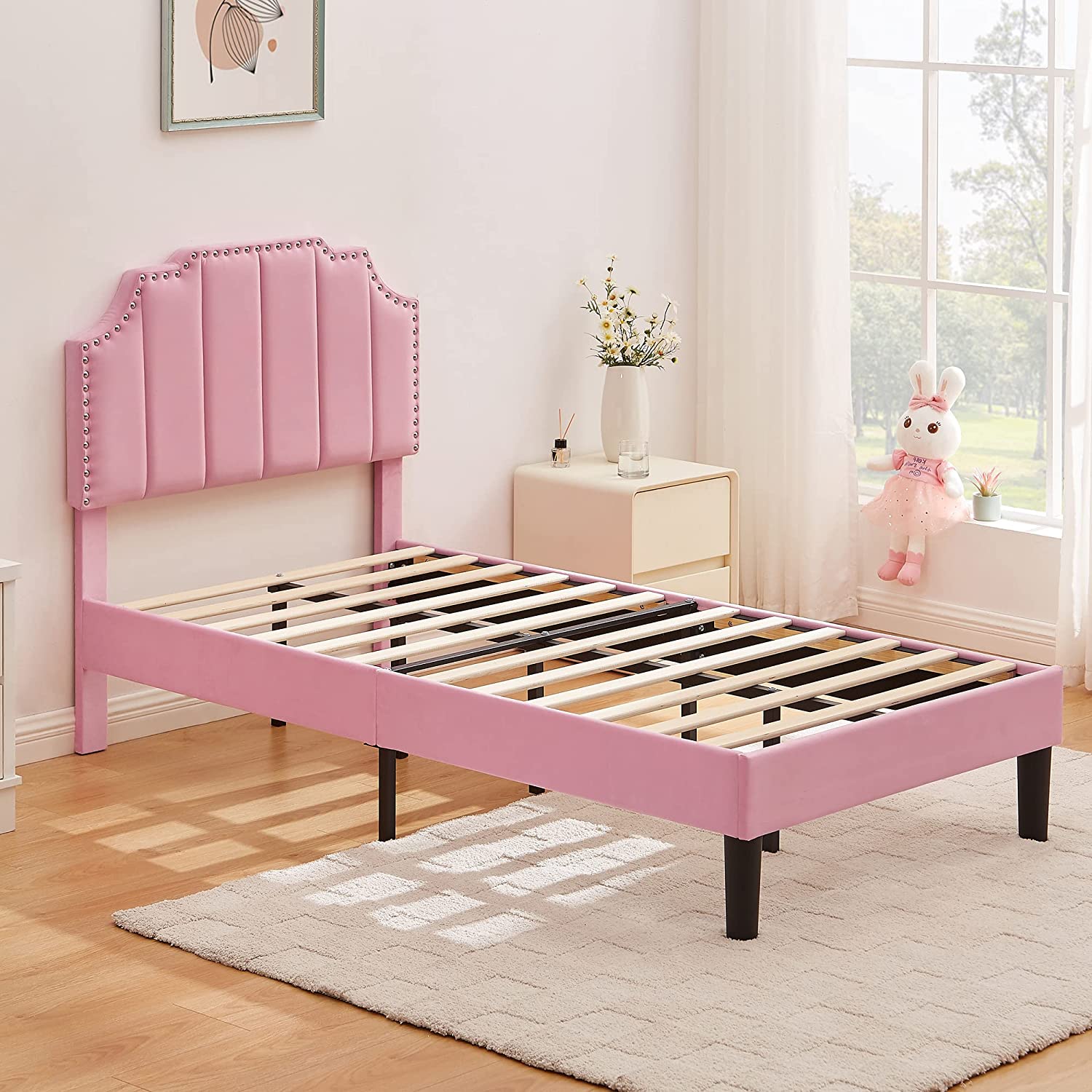 Upholstered Platform Bed Frame with Tufted Adjustable Headboard