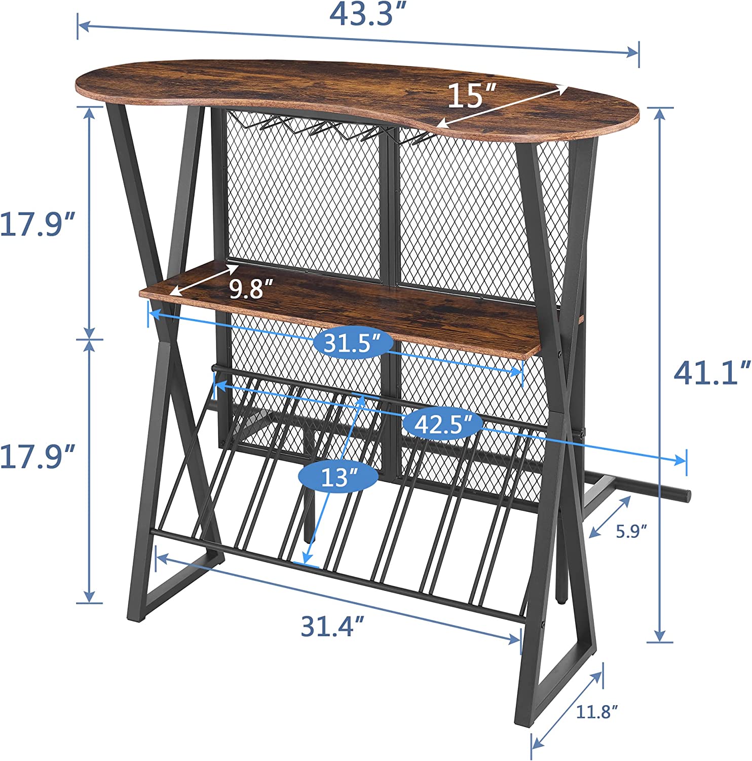 VECELO 3 Tier Oval Table Versatile Use Bar Cabinet with Open Storage Display Shelf and Footrail