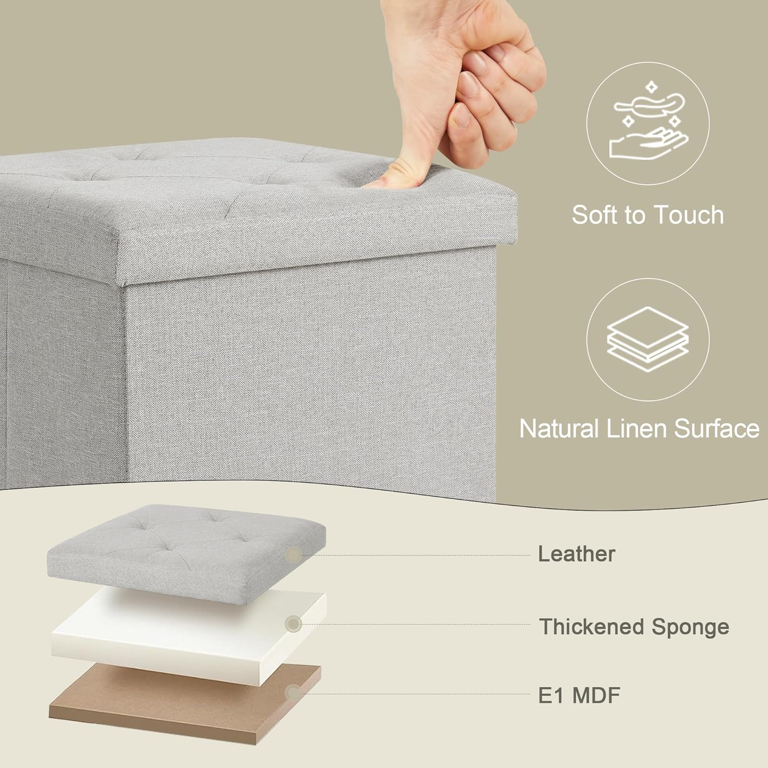 VECELO Folding Storage Ottoman Bench, Storage Chest, Linen Fabric