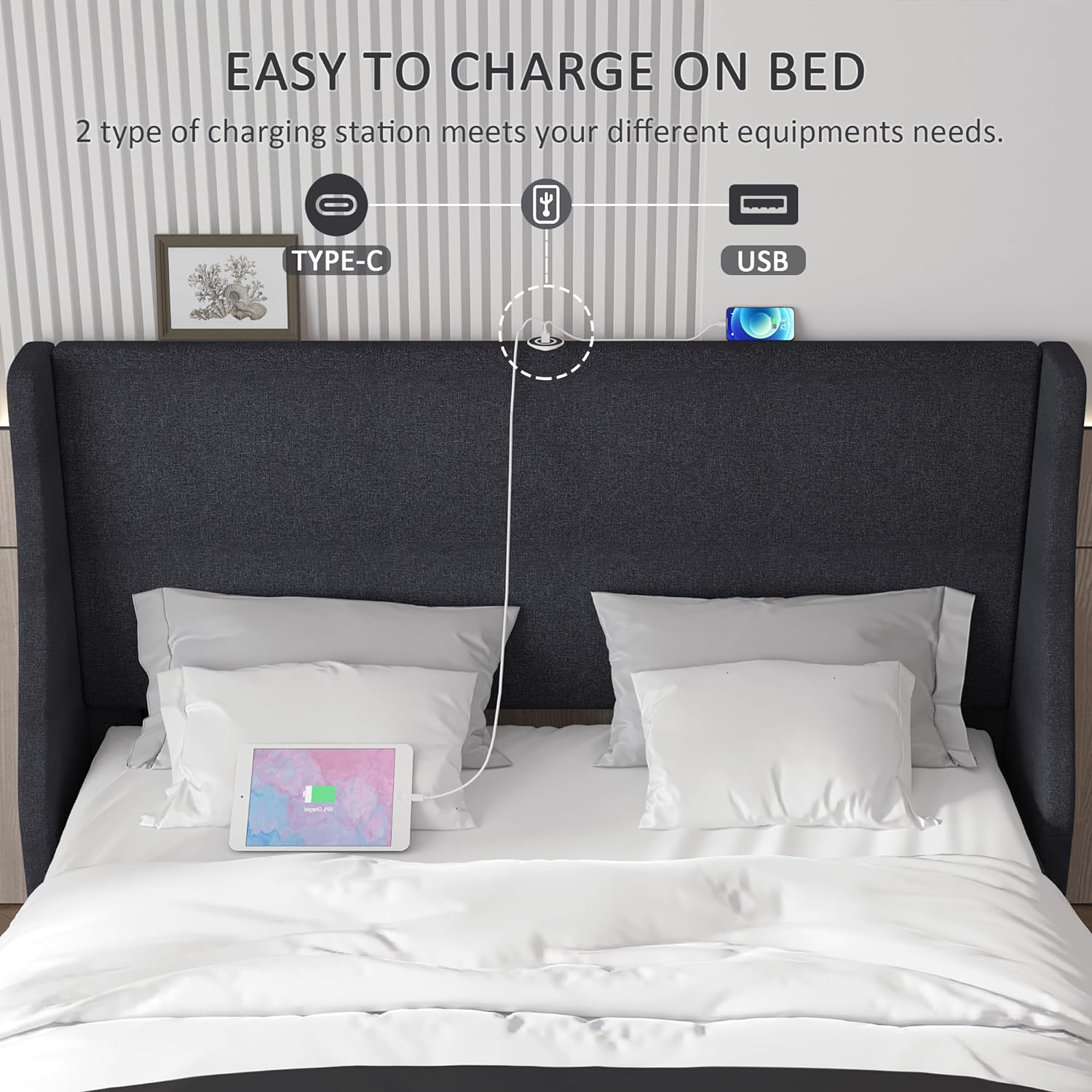 VECELO Bed Frame with Upholstered Wingback Headboard - VECELO