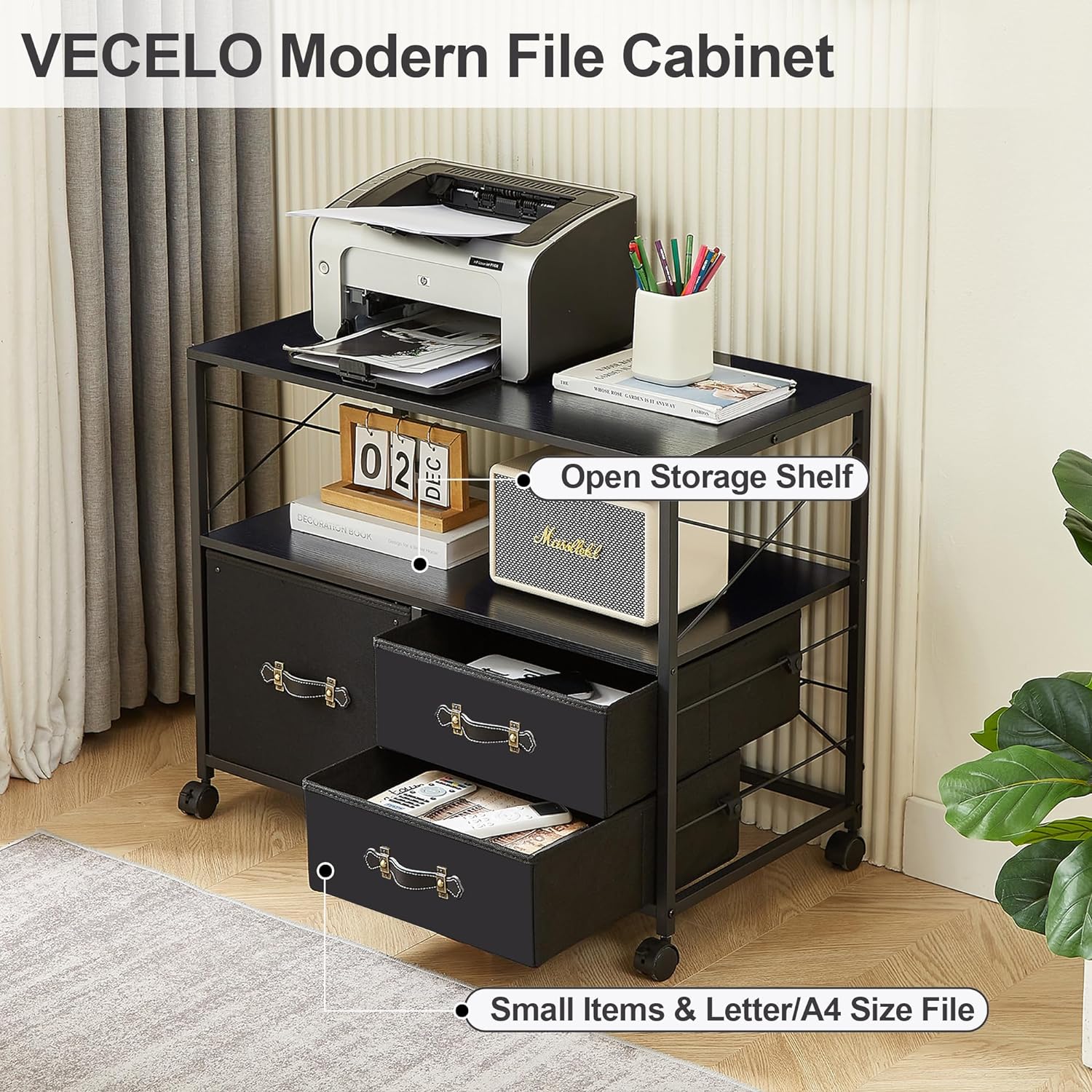 VECELO 3 Drawer Lateral File Cabinet, Rolling Printer Stand with Open Storage Shelf