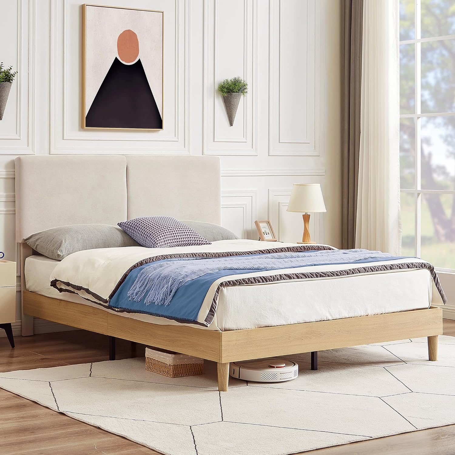 VECELO Upholstered Platform Bed Frame with Height-Adjustable Cotton and Linen Headboard