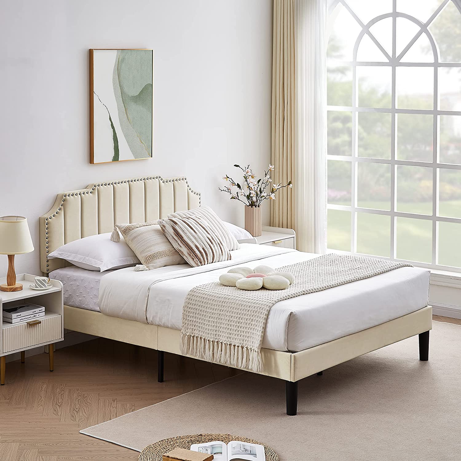 Upholstered Platform Bed Frame with Tufted Adjustable Headboard