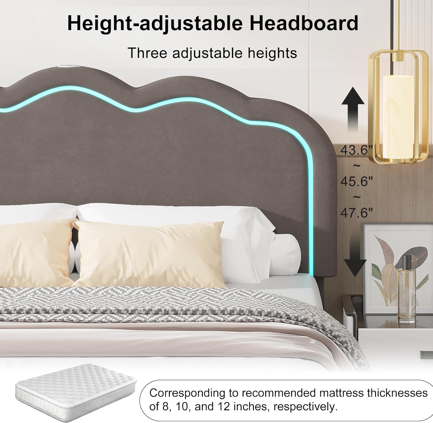 VECELO Upholstered Velvet Platform Bed Frame with Headboard Adjustable, LED Lights, USB-A & Type-C