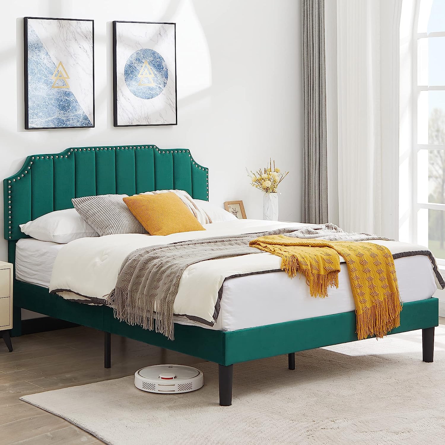 Upholstered Platform Bed Frame with Tufted Adjustable Headboard