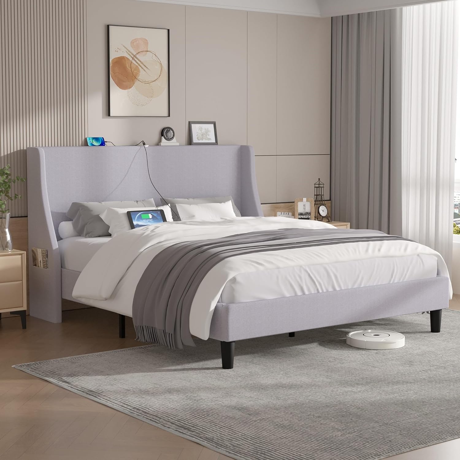 VECELO Bed Frame with Upholstered Wingback Headboard - VECELO