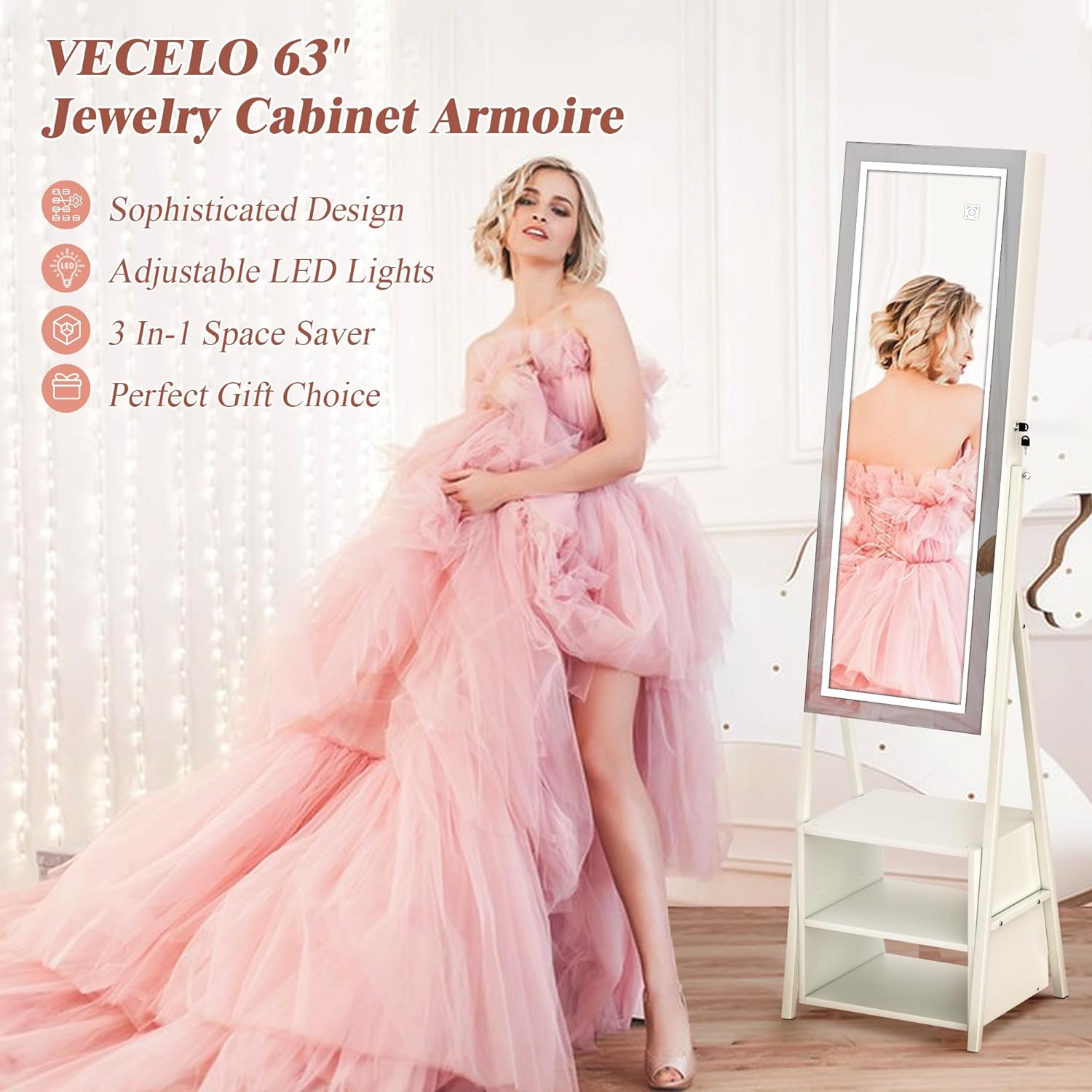 VECELO Jewelry Cabinet Armoire with Adjustable LED Lights