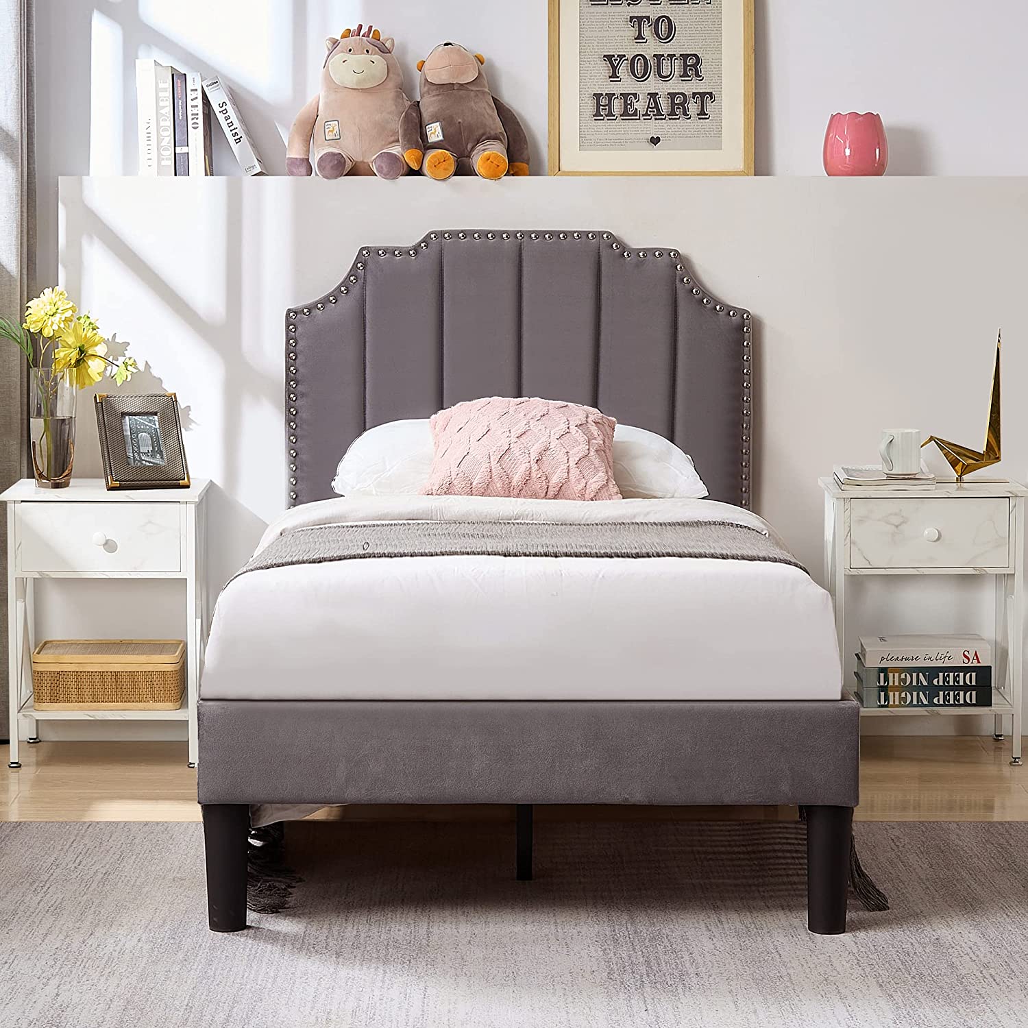 Upholstered Platform Bed Frame with Tufted Adjustable Headboard