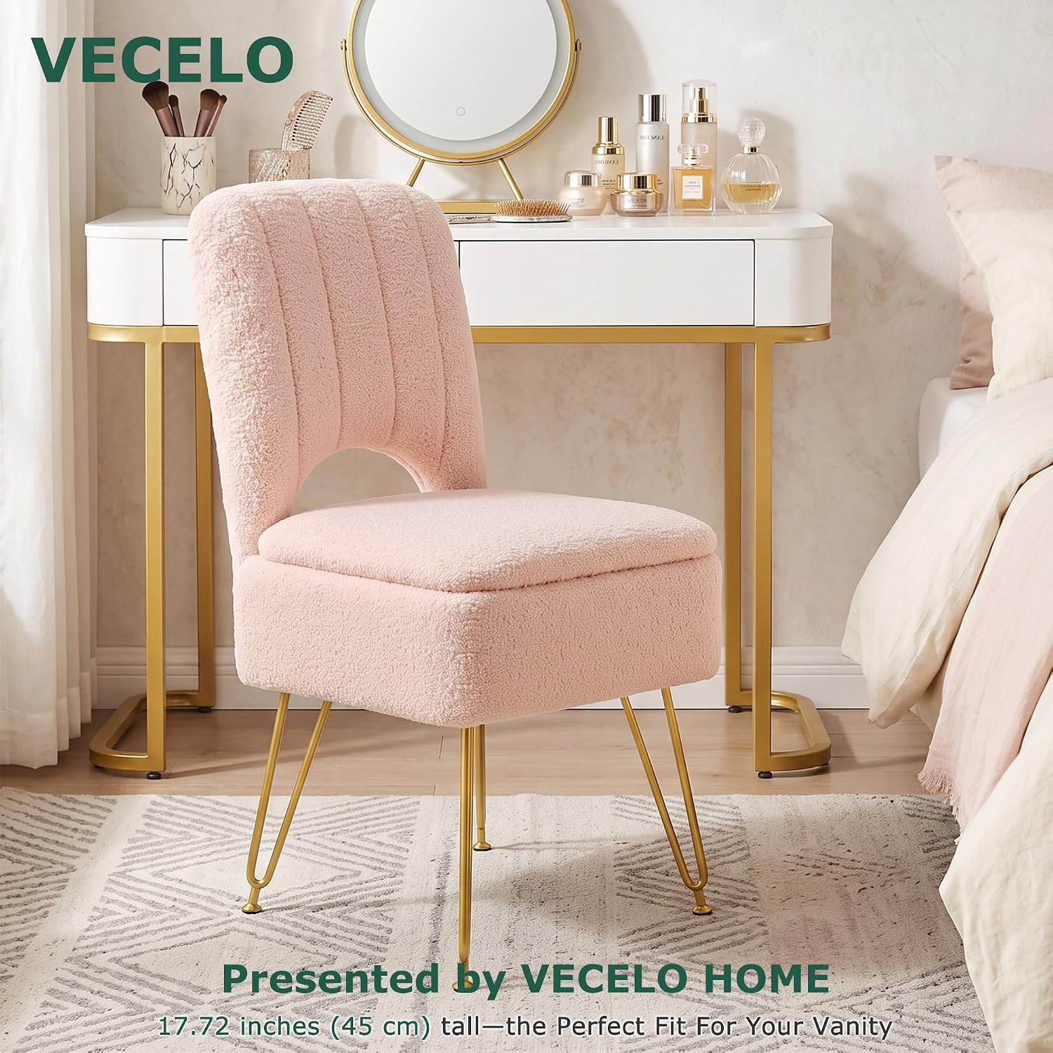 VECELO Vanity Stool Chair with Storage and Folding Back