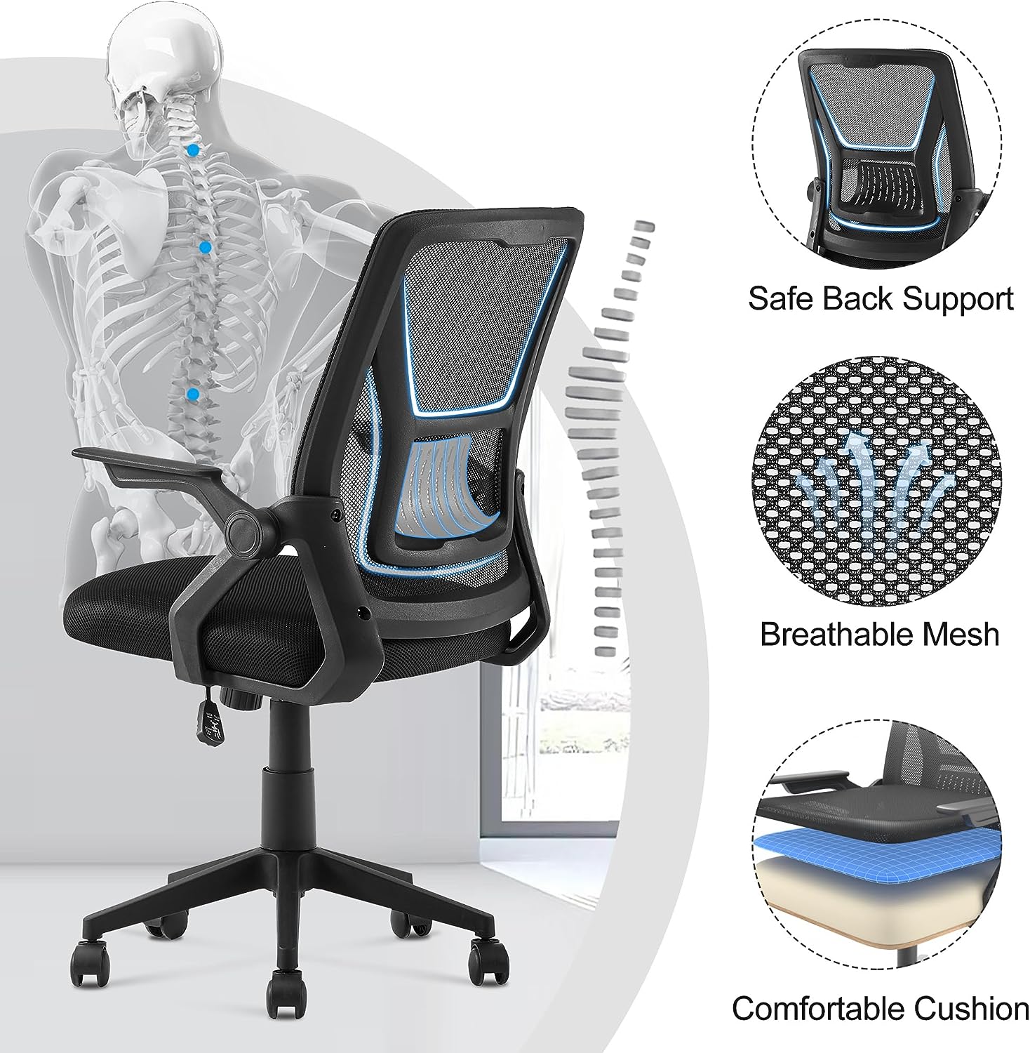 VECELO Mid-Back Swivel Ergonomic Office Chair with Adjustable Arms Mesh Lumbar Support for Computer Task Work