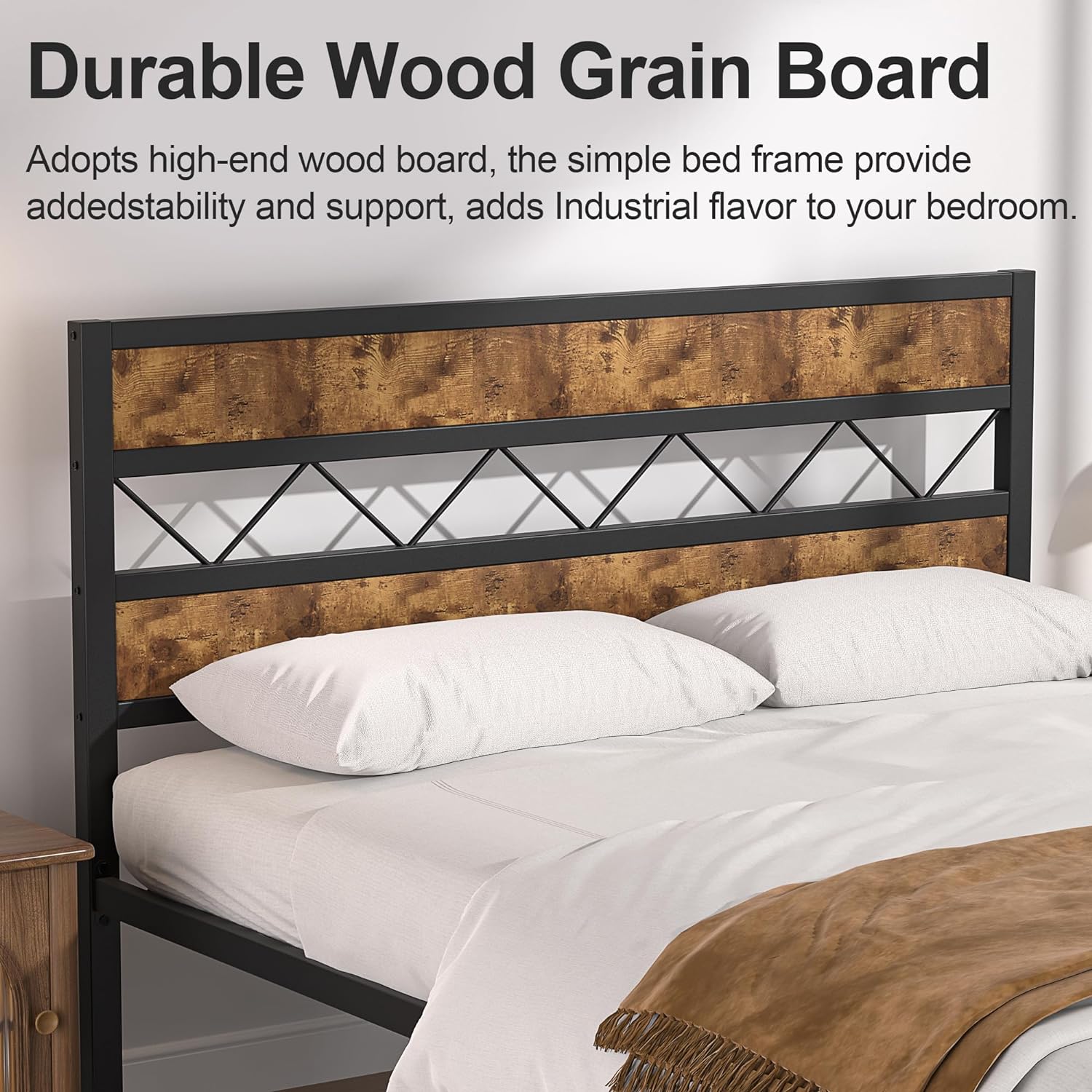 VECELO Metal Platform Bed Frame with Rustic Vintage Wooden Headboard