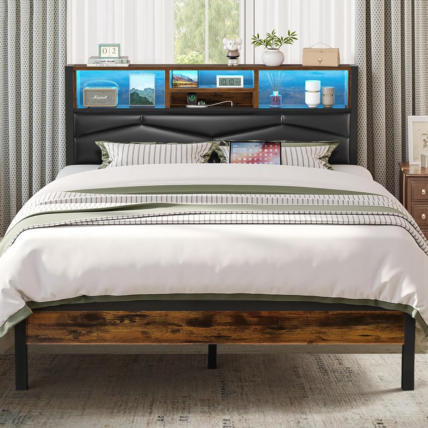 VECELO Bed Frame with 2-Tier Storage Headboard and Charging Station