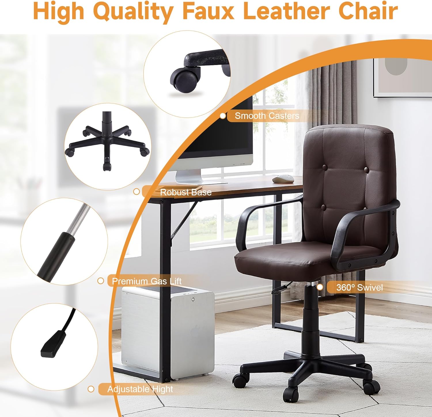 VECELO Home Office Desk Chair with Armrests,Mid Back Adjustable Height