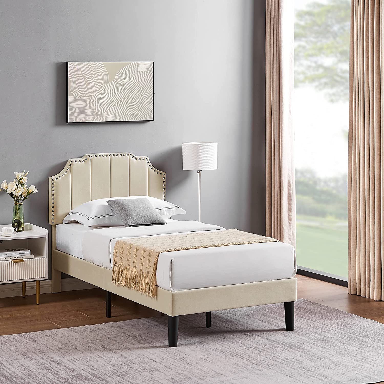 Upholstered Platform Bed Frame with Tufted Adjustable Headboard