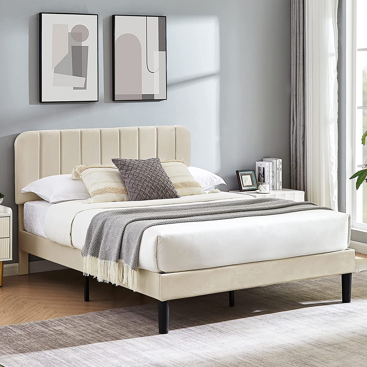 VECELO Bed Frame, Upholstered Platform bedframe with Adjustable Headboard, No Box Spring Needed