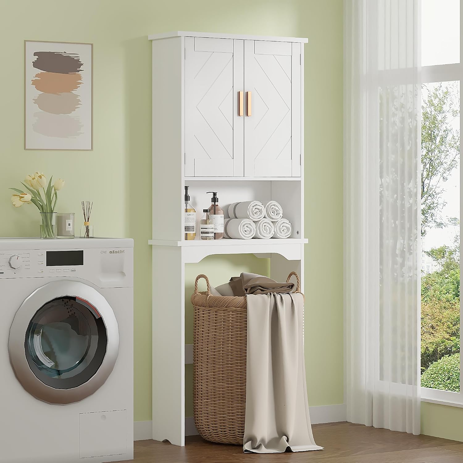 VECELO Over The Toilet Storage Cabinet, Over Toilet Bathroom Shelf with Double Doors and Anti-Tip Device