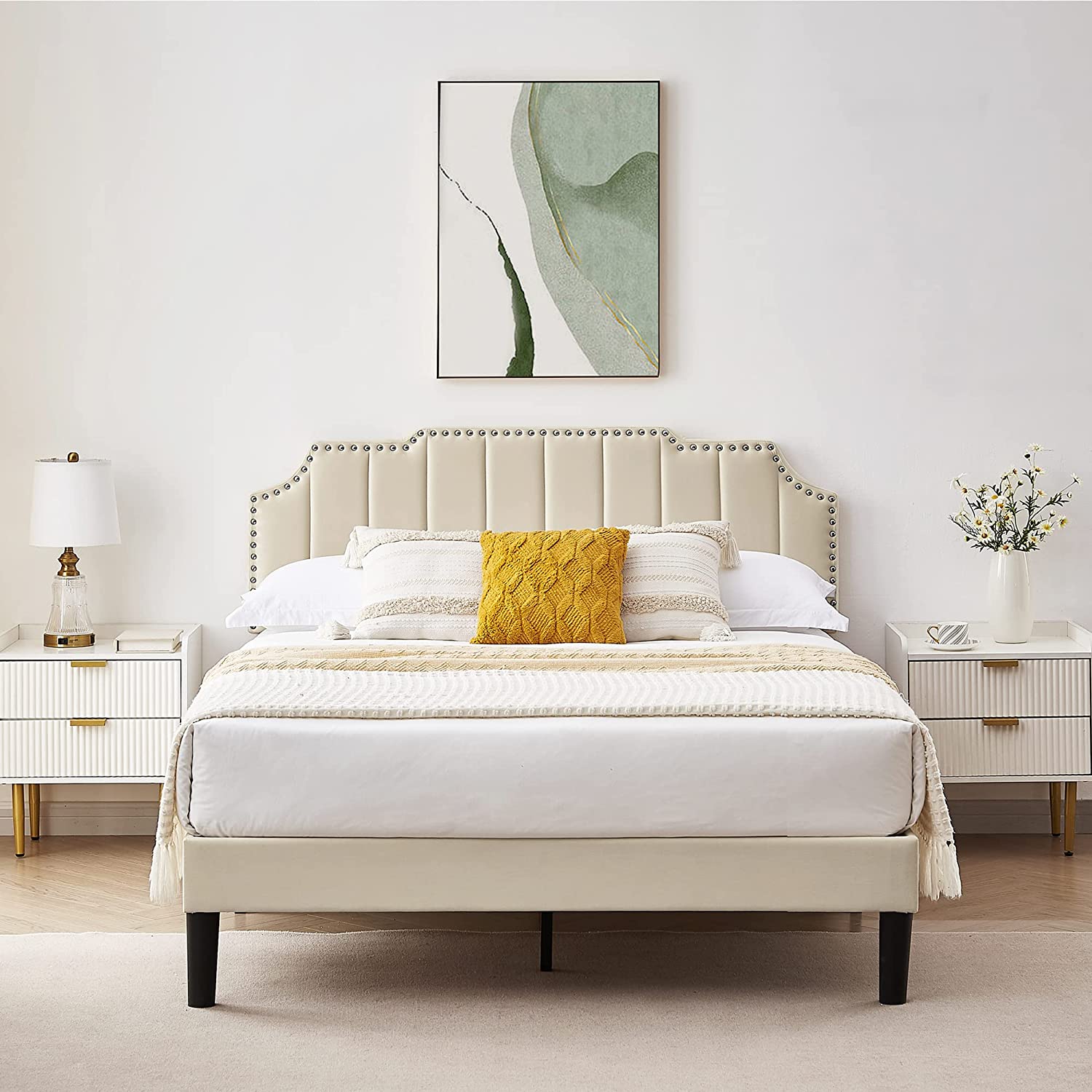 Upholstered Platform Bed Frame with Tufted Adjustable Headboard