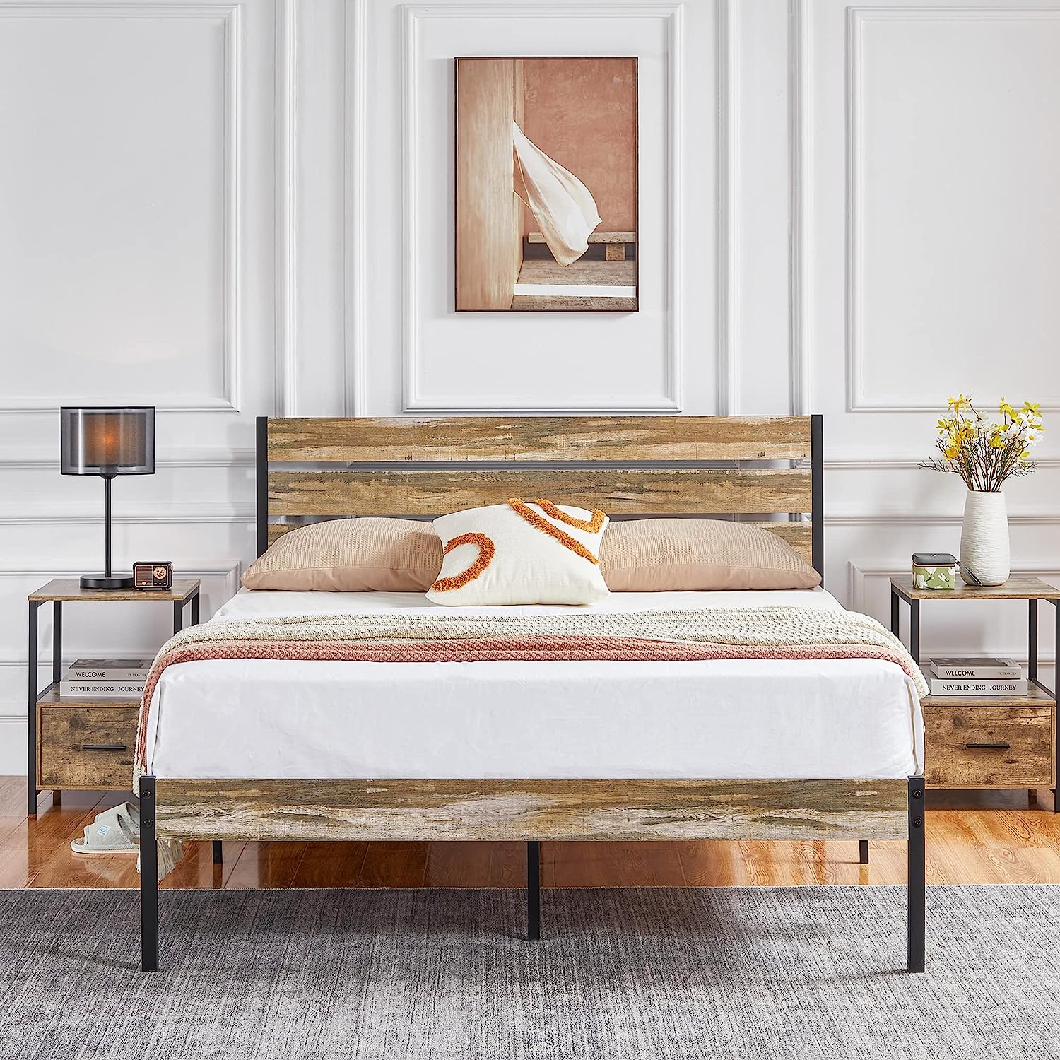 VECELO Platform Bed Frame with Rustic Vintage Wood Headboard