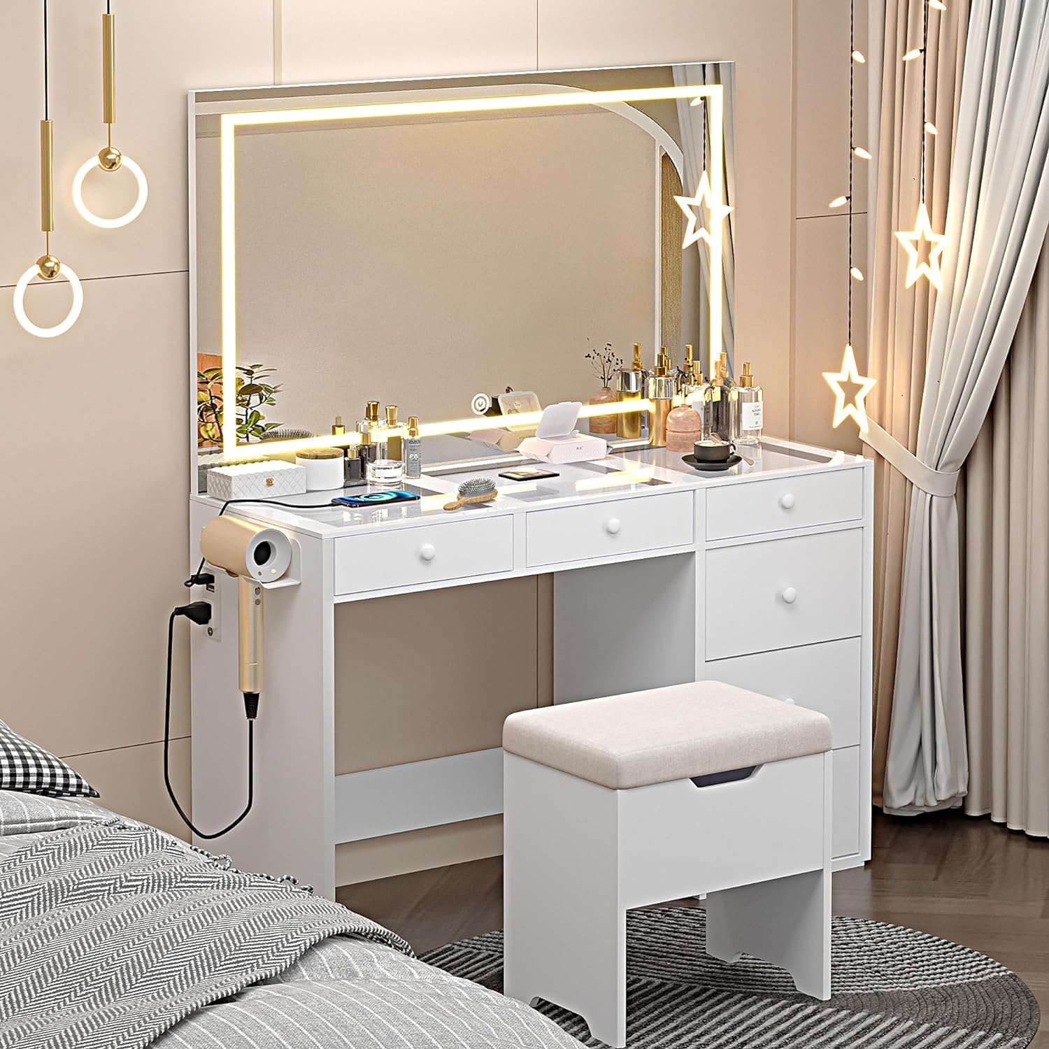 Vanity Desk Set with Adjustable LED Lighted Mirror & Power Outlet
