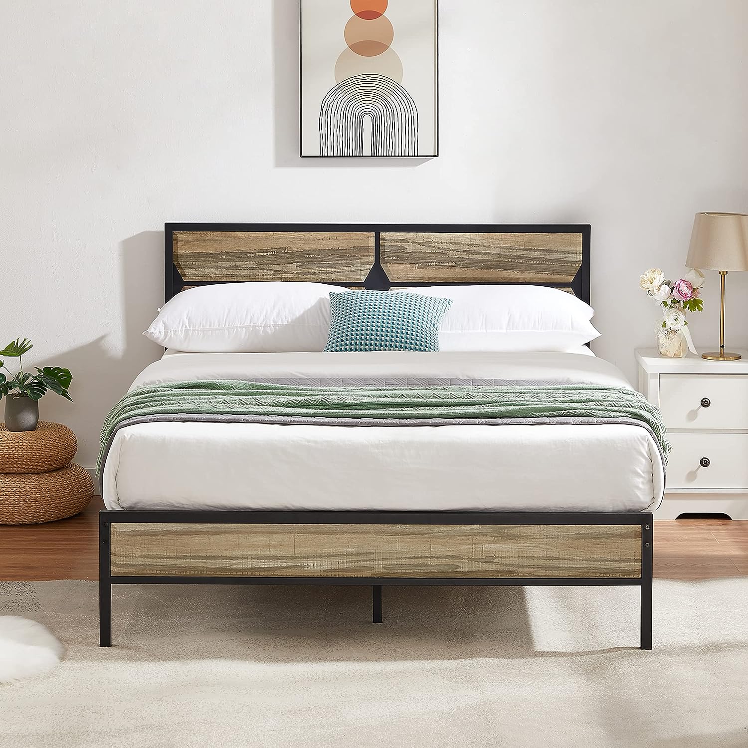 VECELO Metal Bed Frame Platform with Wooden Headboard&Footboard Mattress Foundation