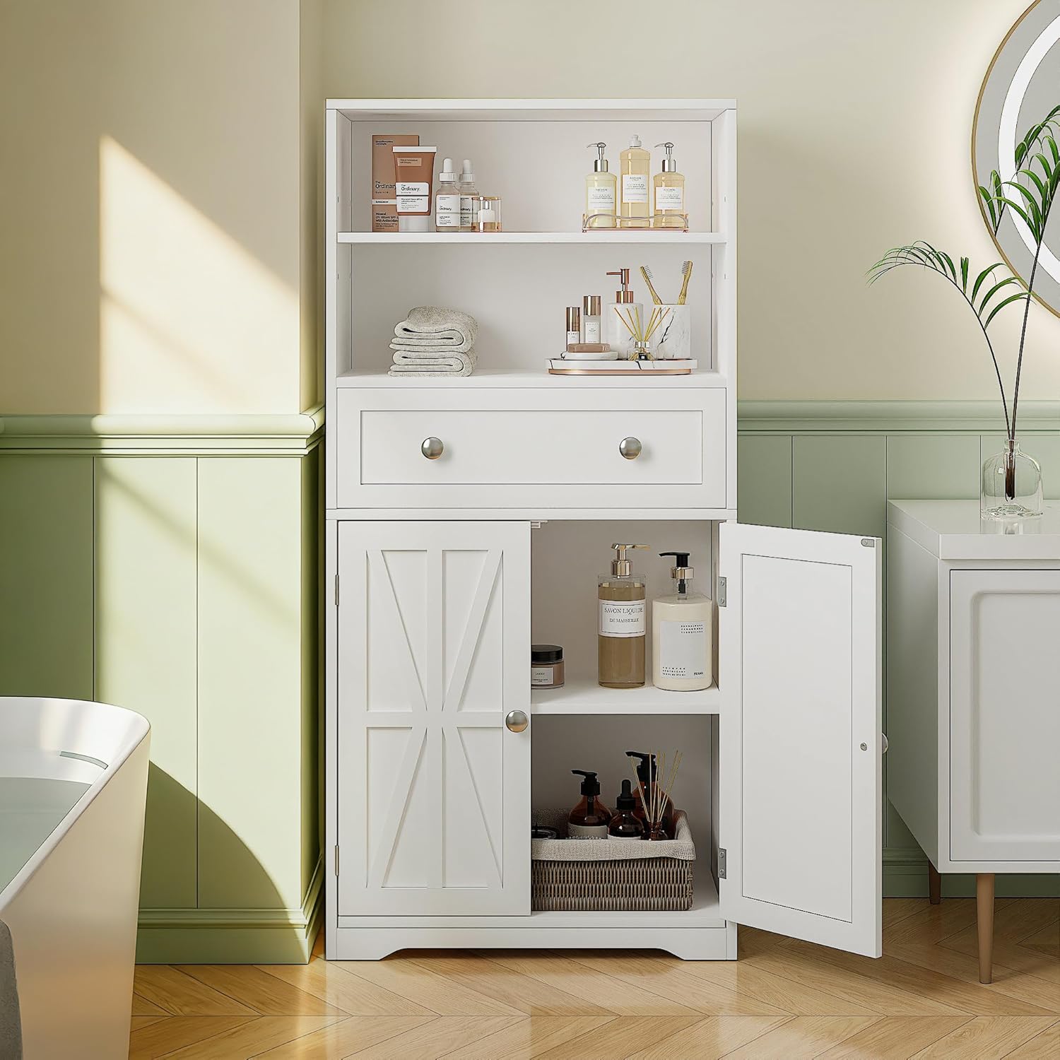VECELO Bathroom Floor Cabinet, Freestanding Storage Cabinet with Drawer & Doors