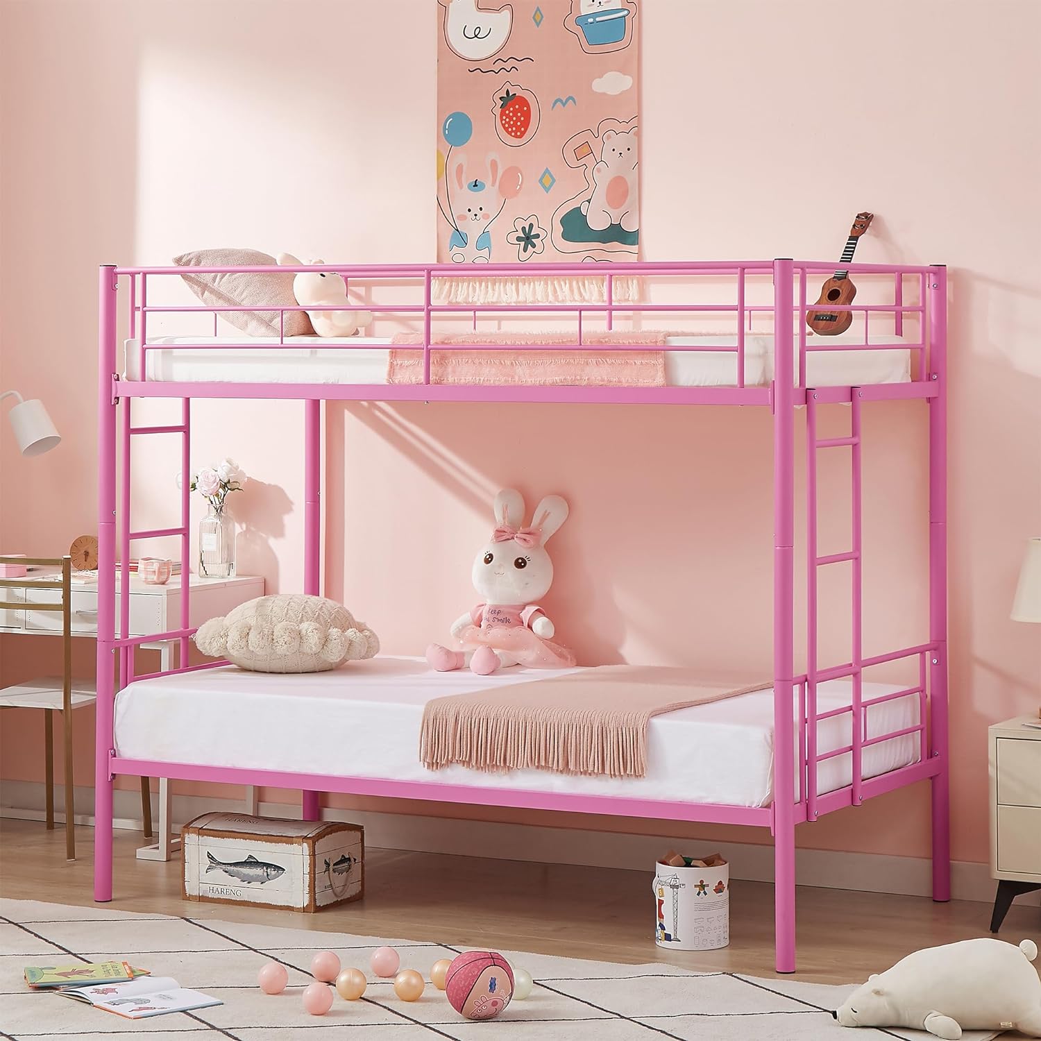 VECELO Metal Bunk Bed Twin Over Twin, Industrial Bunkbeds with Ladder and Full-Length Guardrail