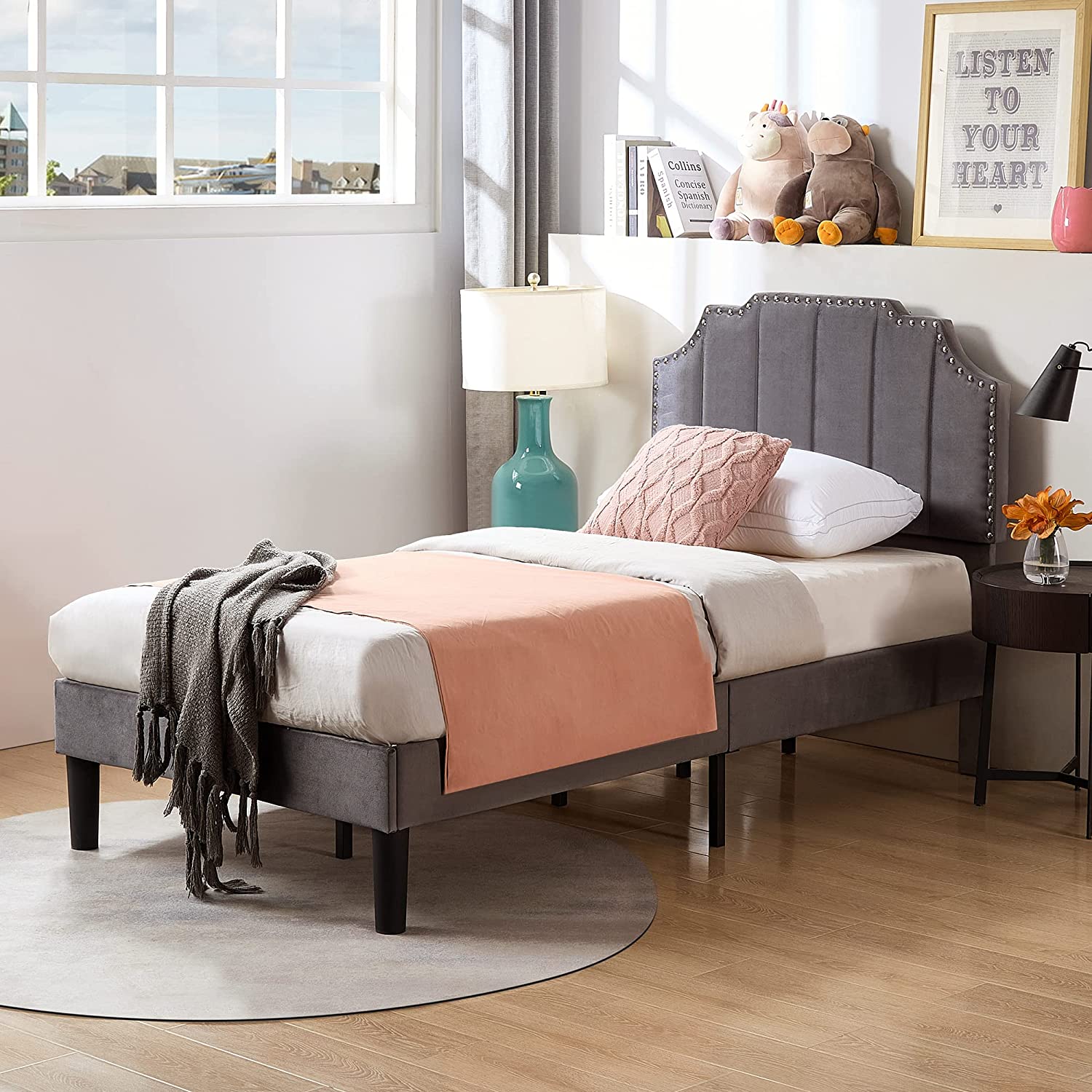 Upholstered Platform Bed Frame with Tufted Adjustable Headboard