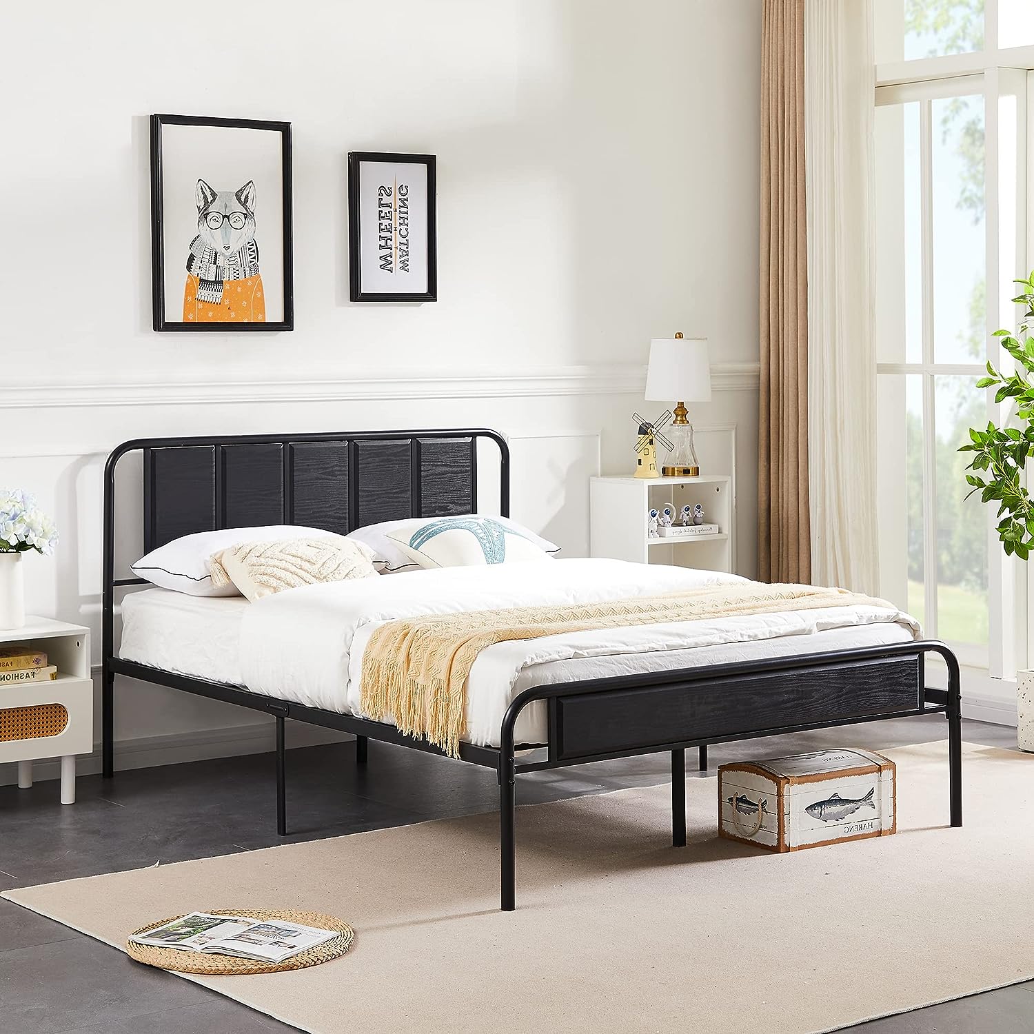 VECELO Bed Frame Metal Platform with Wooden Headboard Footboard Heavy Duty Mattress Foundation - VECELO