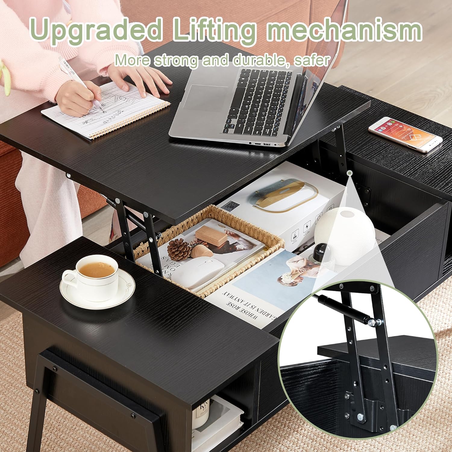 VECELO Wood Lift Top Coffee Table with Hidden Compartment and Storage Shelf