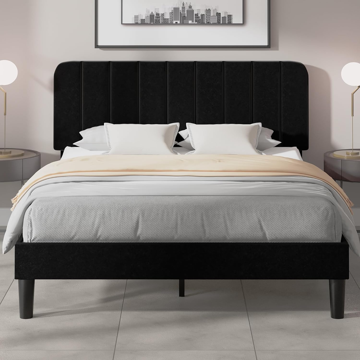 VECELO Twin Size Bed Frame with Adjustable Headboard, Velvet Heavy Duty Platform Beds with Strong Wood Slats Support