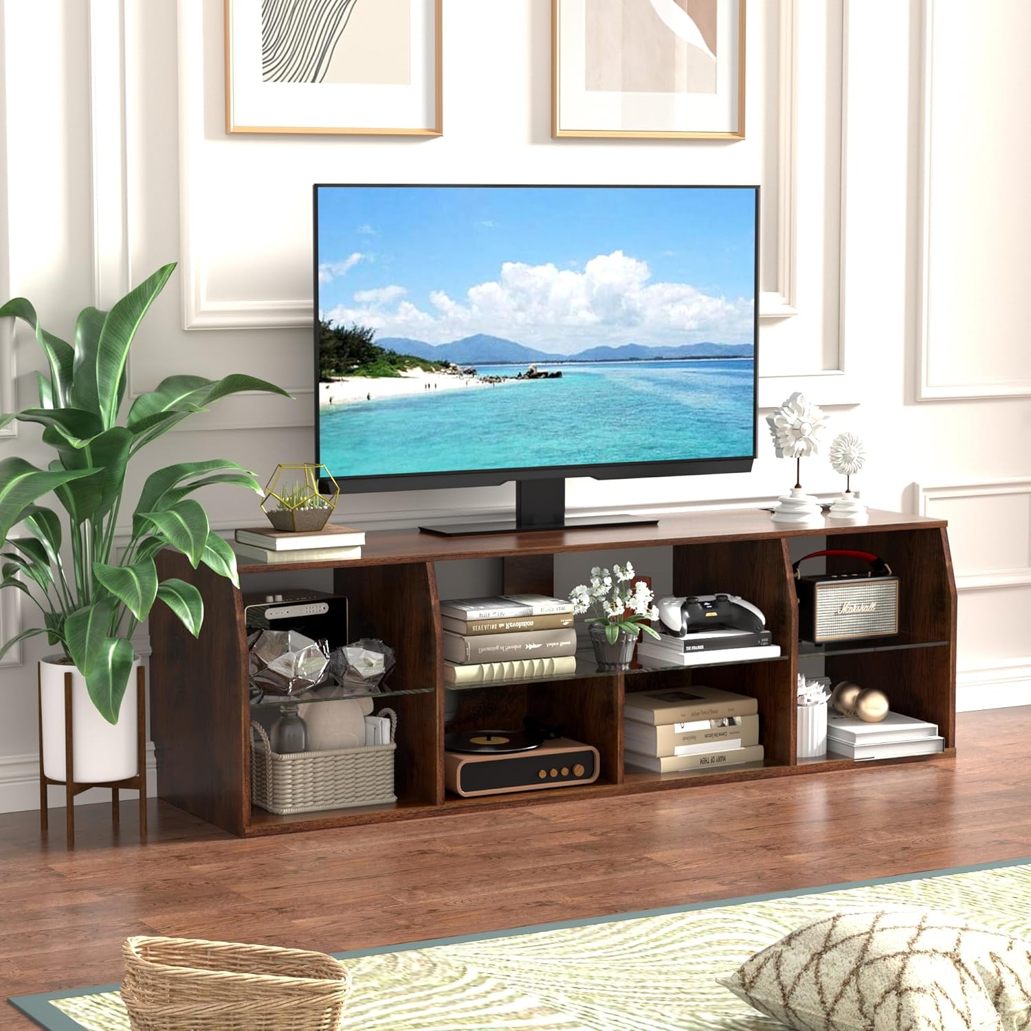 VECELO TV Stand with LED Strip & Power Outlets, Industrial Entertainment Center