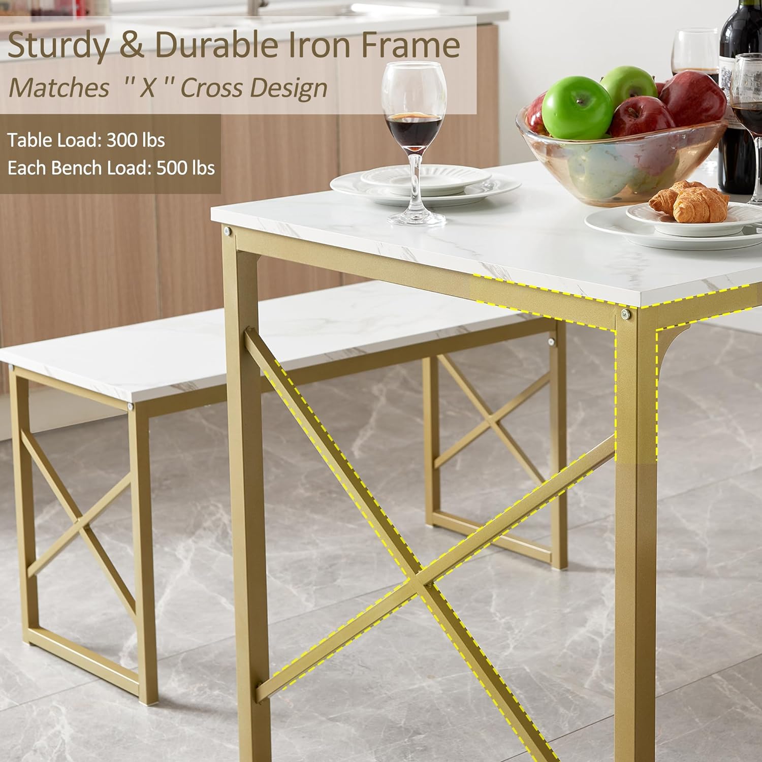 VECELO Kitchen Table with 2 Benches for 4