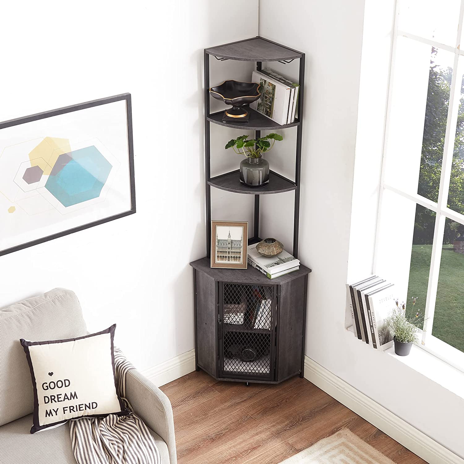 VECELO 5 Tier Corner Storage Cabinet with Wooden Shelves Free-Standing