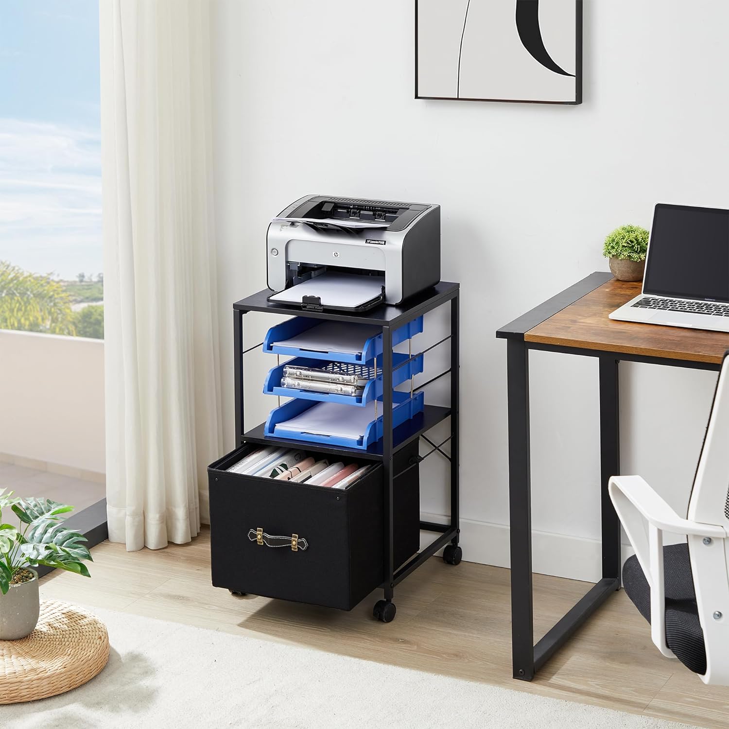 VECELO File Cabinet with Open Storage Shelf, Rolling Printer Stand with Large Fabric Drawer