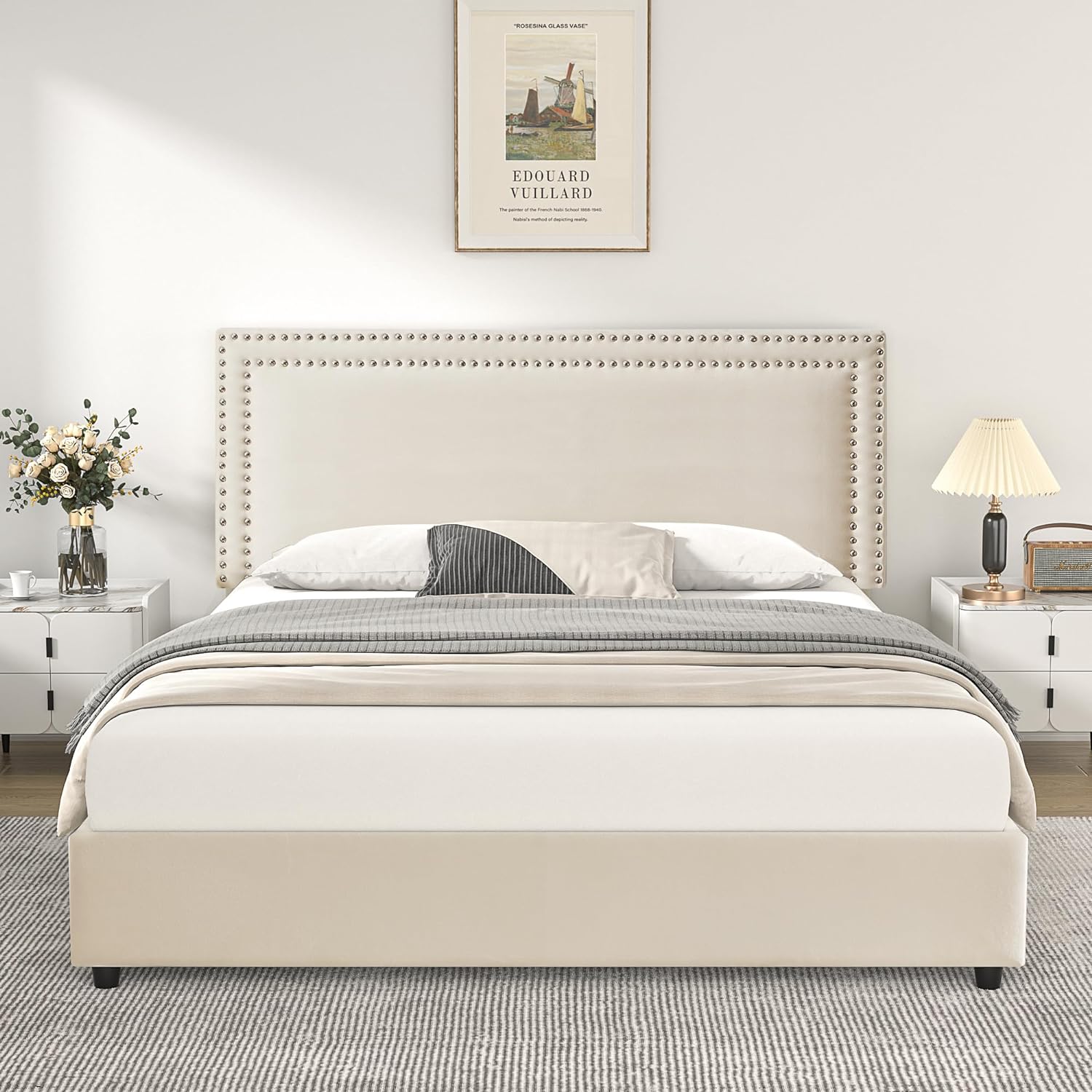 VECELO Upholstered Platform Bed Frame Platform with 4 Storage Drawers