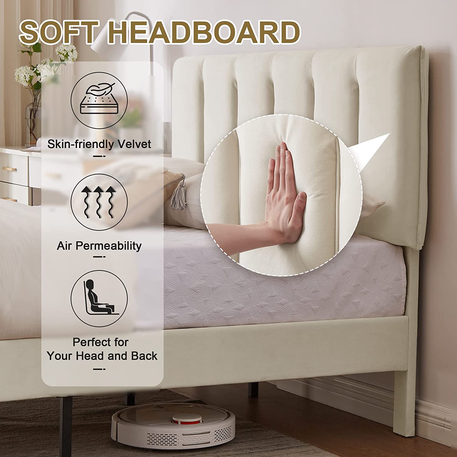VECELO Bed Frame, Modern Upholstered Platform Bedframe, Adjustable Headboard