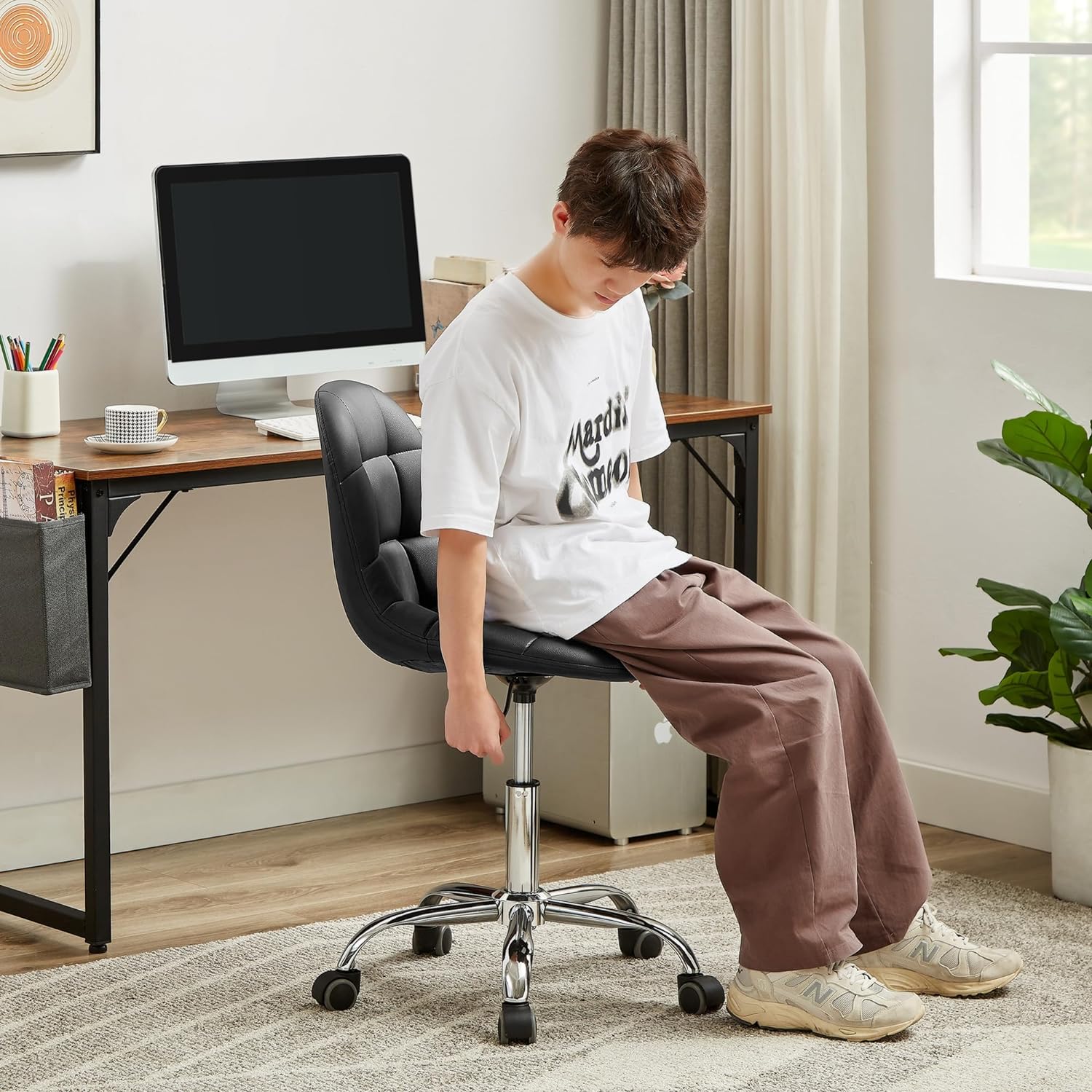 VECELO Modern Armless Home Office Desk Chair, Height Adjustable, PU Leather 360 Degree Swivel with Wheels