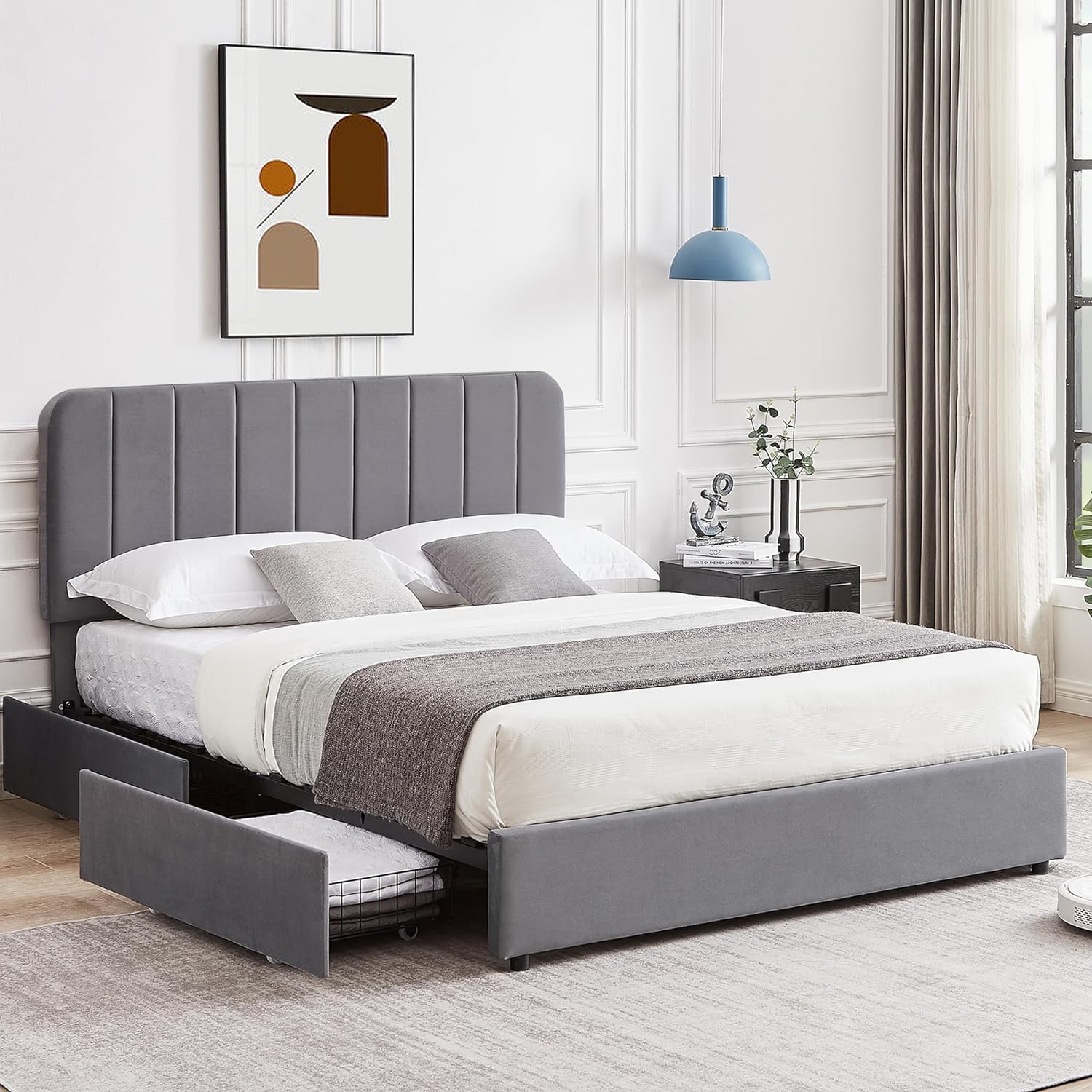 VECELO Upholstered Bed Frame with 4 Drawers and Adjustable Headboard