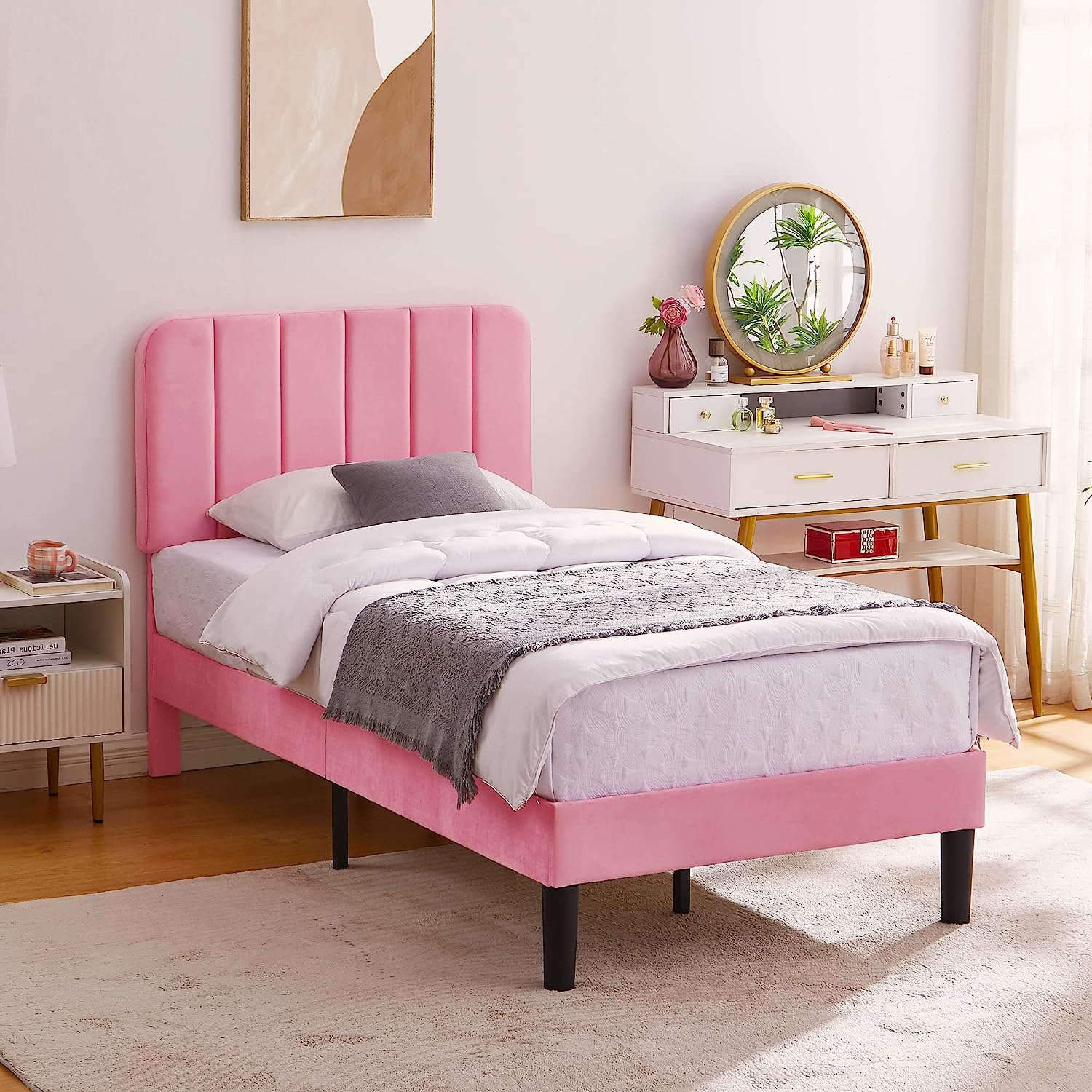 VECELO Upholstered Platform bedframe with Adjustable Headboard