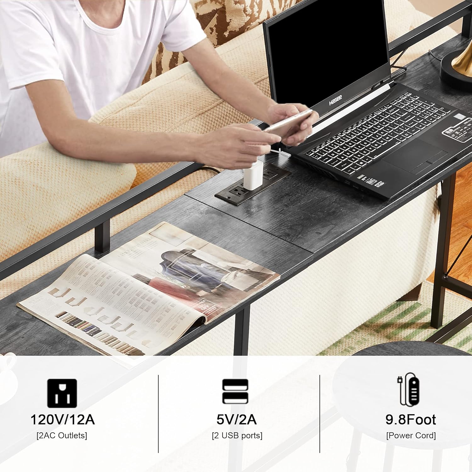 VECELO 55.1" Console Table with 2 Outlet and 2 USB Ports for Couch Side