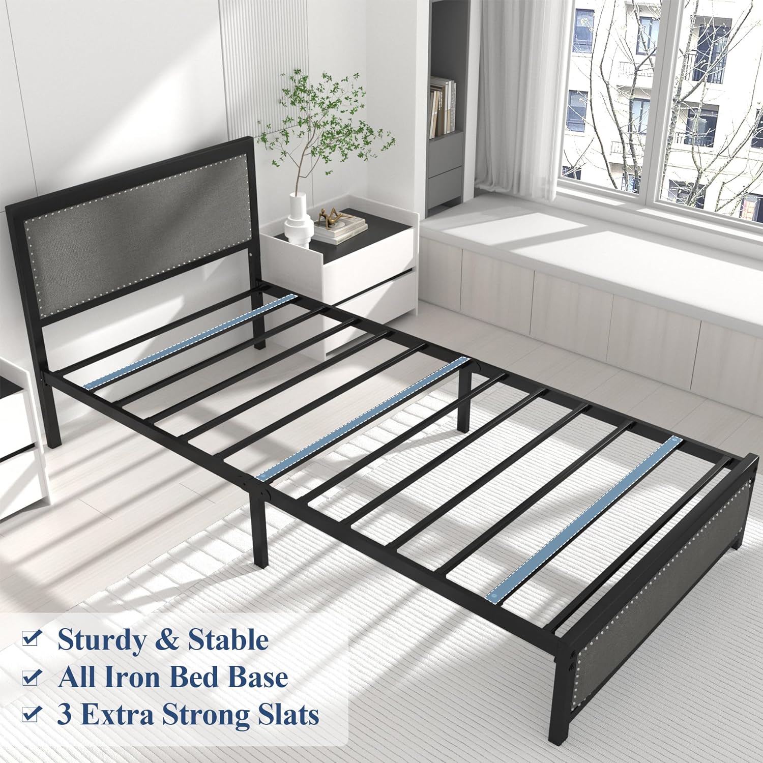 VECELO Bed Frame with Linen Fabric Headboard and Footboard No Box Spring Needed