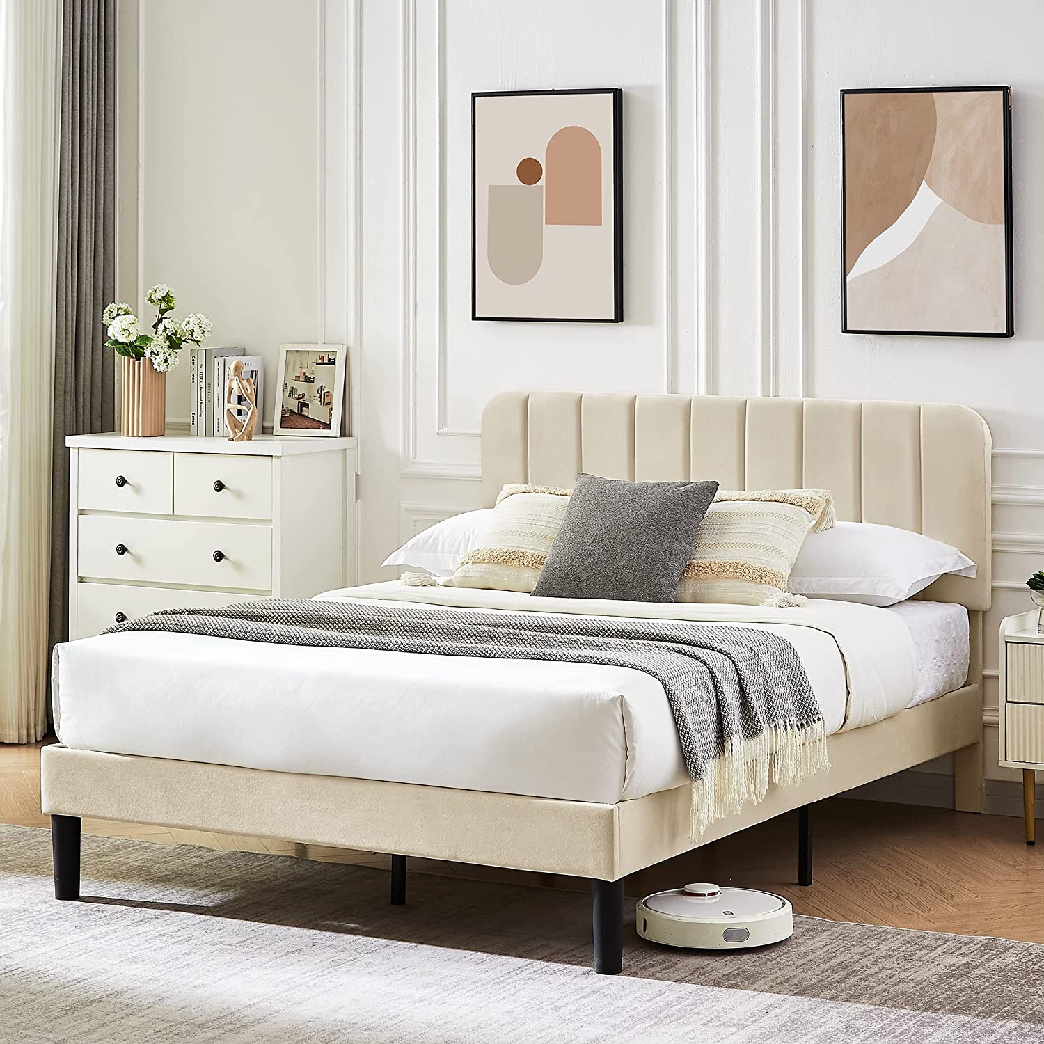 VECELO Bed Frame, Upholstered Platform bedframe with Adjustable Headboard, No Box Spring Needed