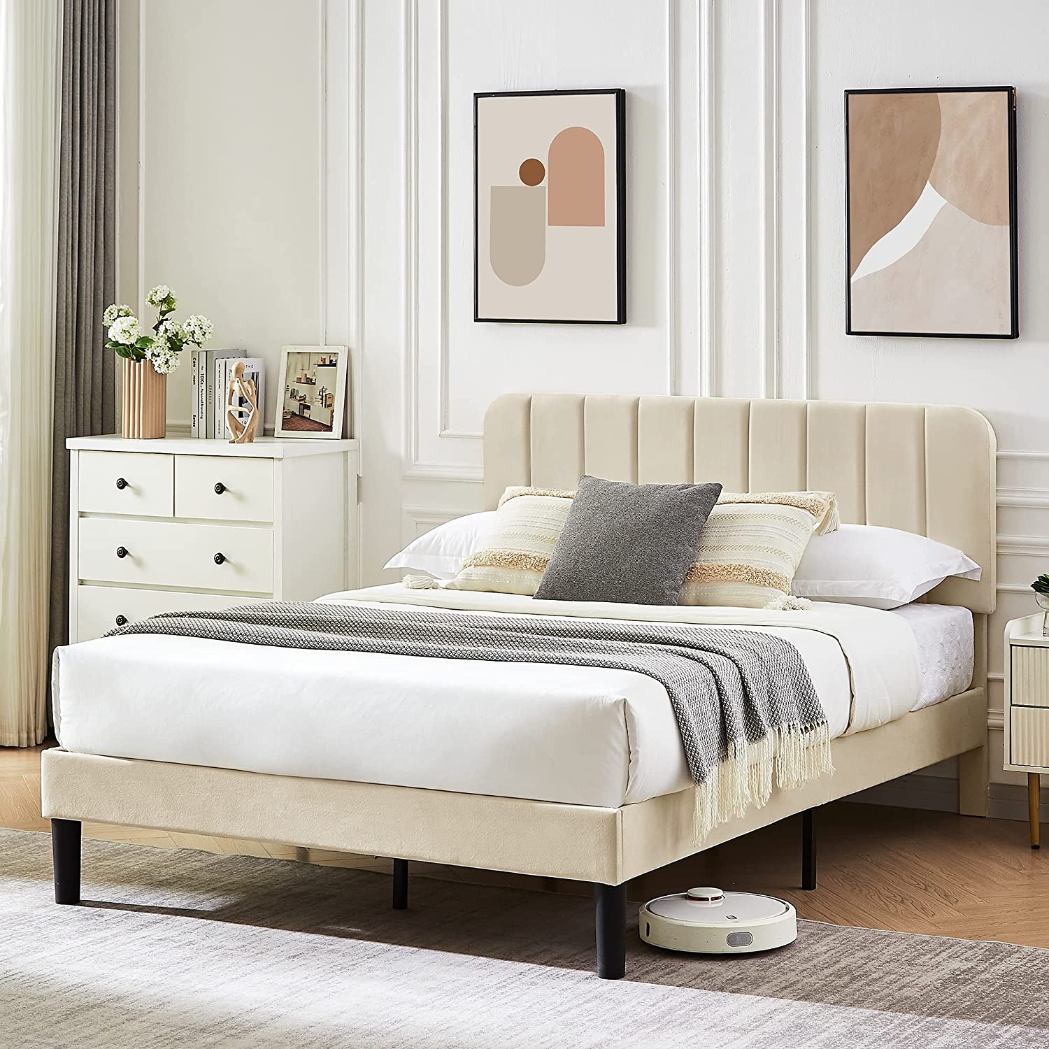 VECELO Upholstered Platform bedframe with Adjustable Headboard