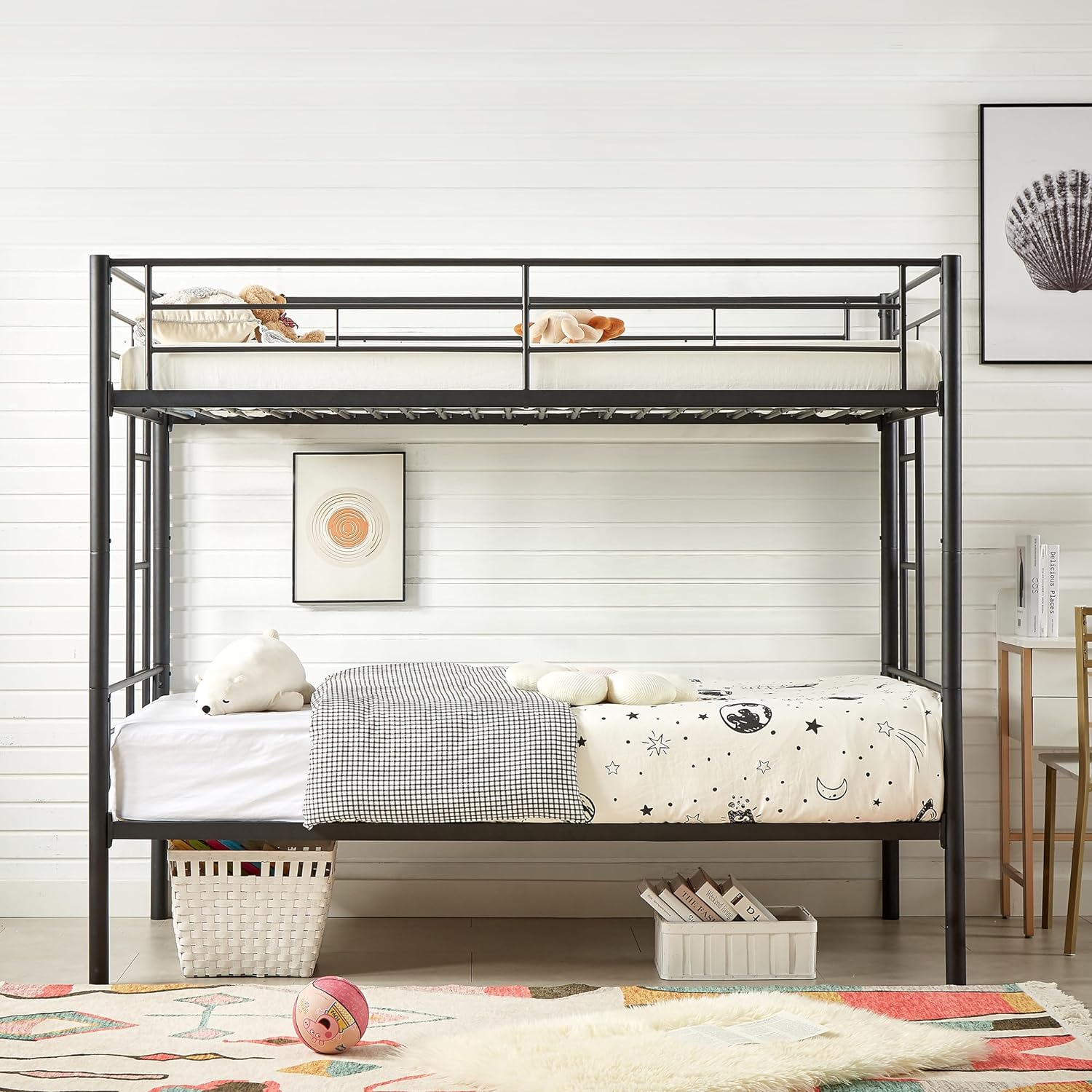 VECELO Metal Bunk Bed Twin Over Twin, Industrial Bunkbeds with Ladder and Full-Length Guardrail