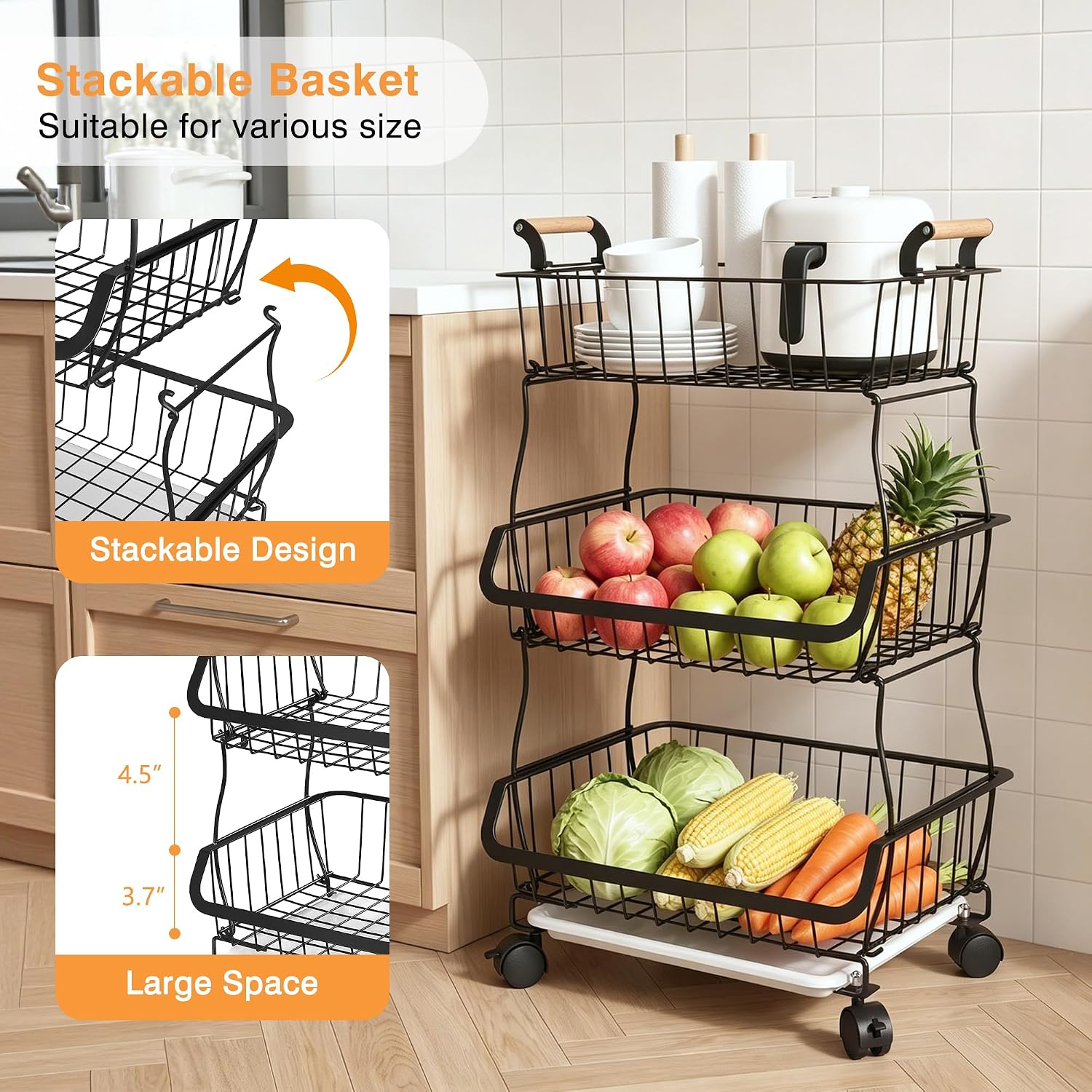 VECELO 3-Tier Fruit Basket with Wheels,