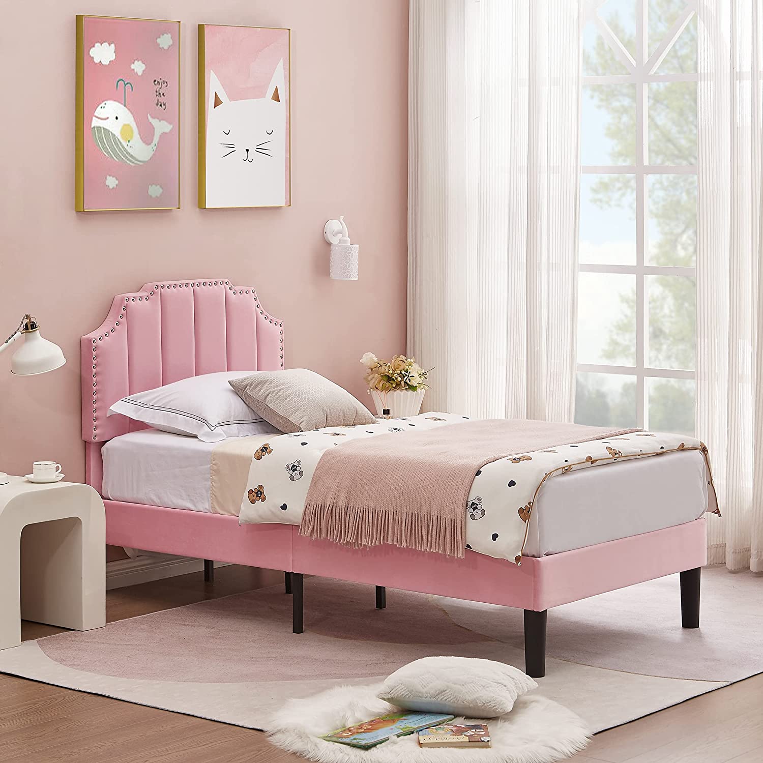 Upholstered Platform Bed Frame with Tufted Adjustable Headboard