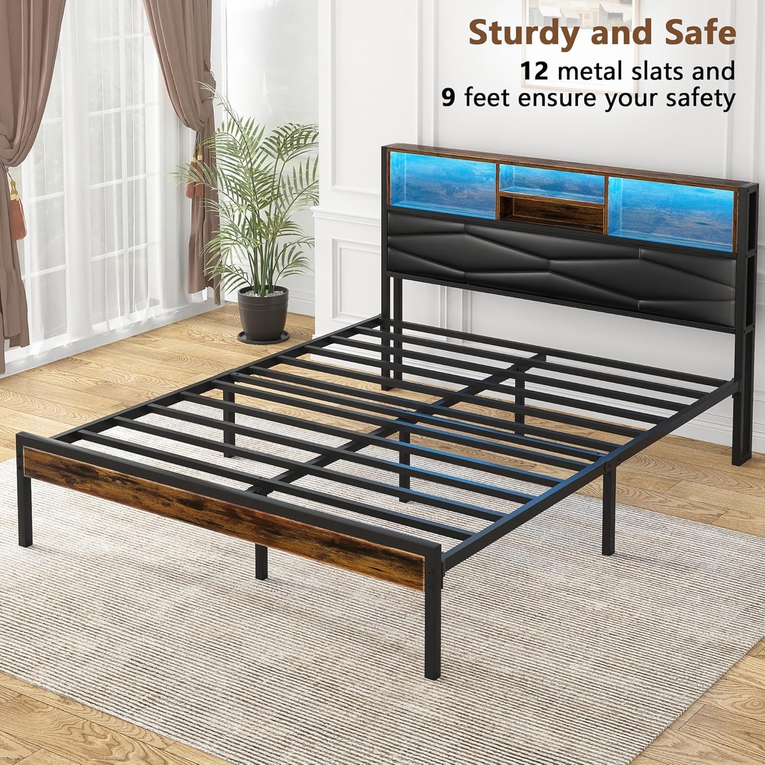 VECELO Bed Frame with 2-Tier Storage Headboard and Charging Station