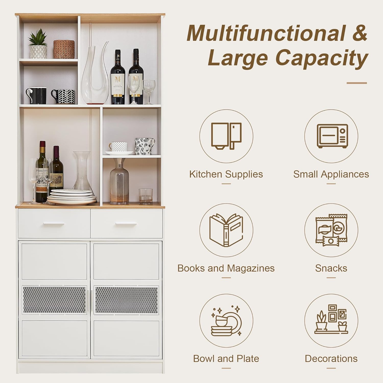 VECELO Floor Storage Cabinet 72" Free Standing Kitchen Pantry Buffet Cupboard with Multi Open Shelves and 2 Drawers